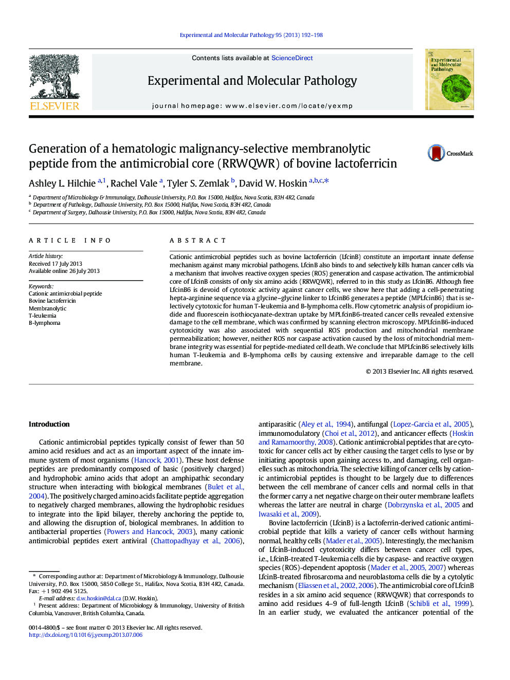 Generation of a hematologic malignancy-selective membranolytic peptide from the antimicrobial core (RRWQWR) of bovine lactoferricin