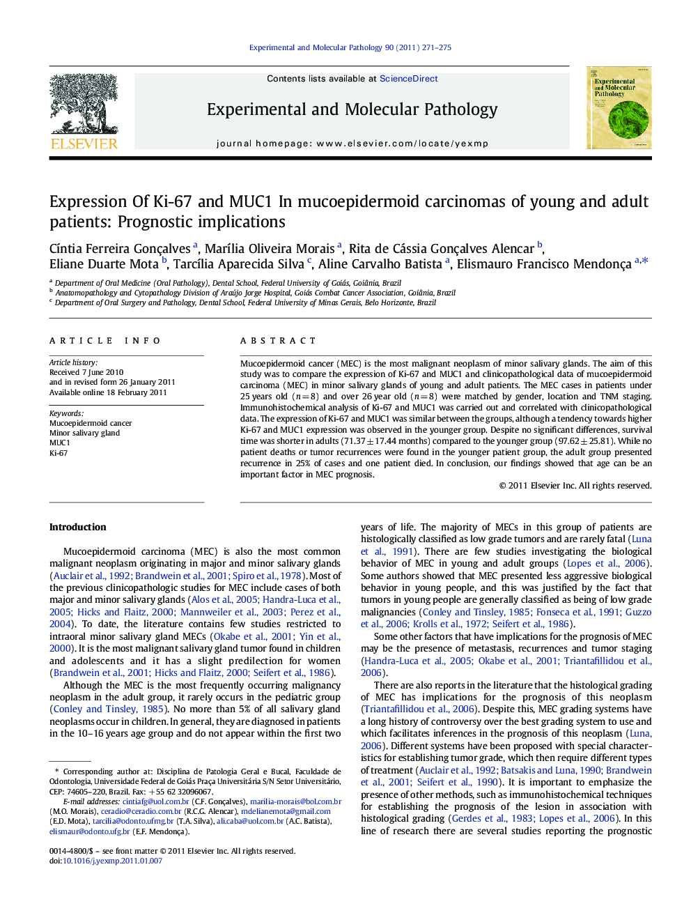 Expression Of Ki-67 and MUC1 In mucoepidermoid carcinomas of young and adult patients: Prognostic implications