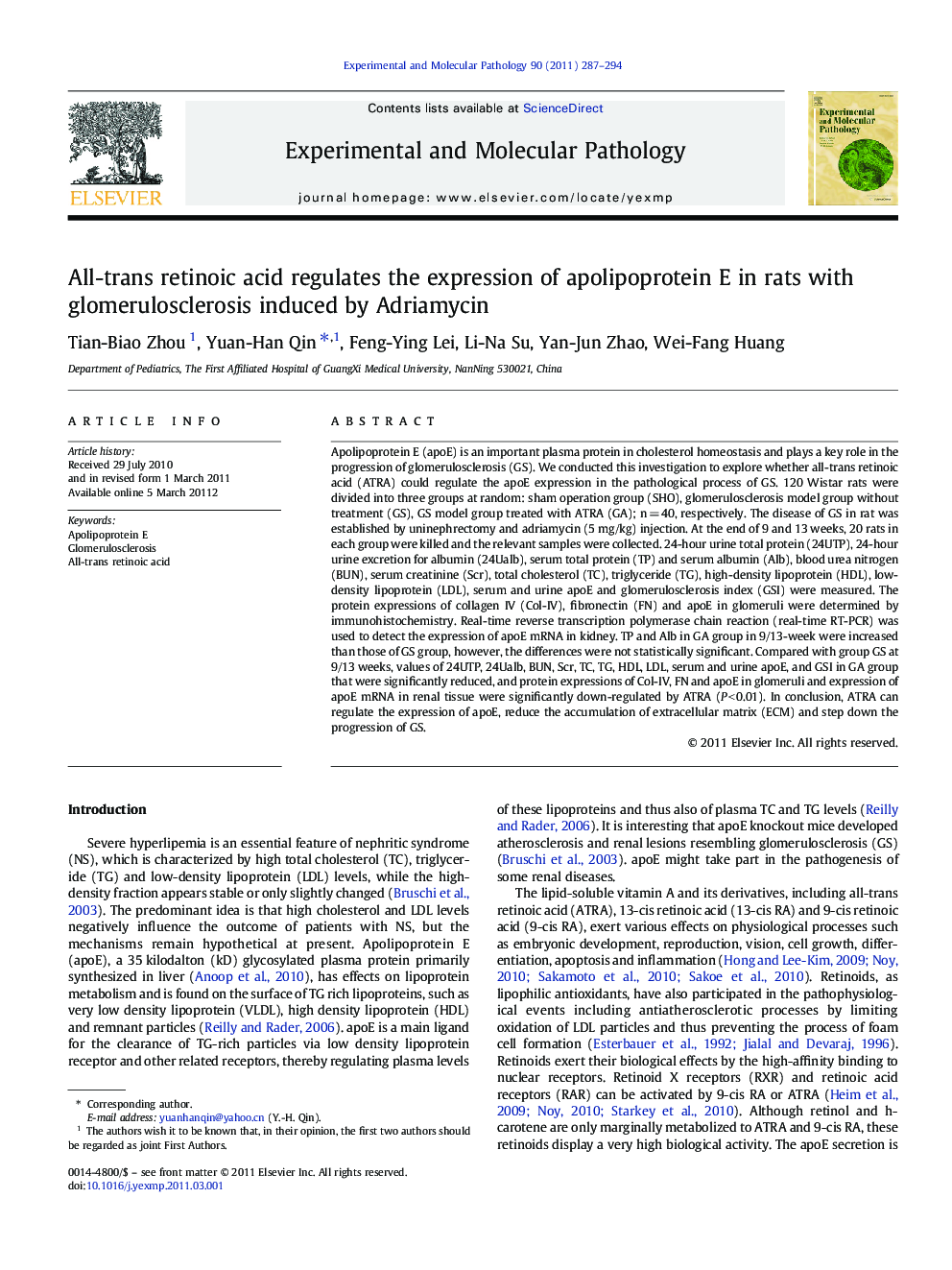 All-trans retinoic acid regulates the expression of apolipoprotein E in rats with glomerulosclerosis induced by Adriamycin