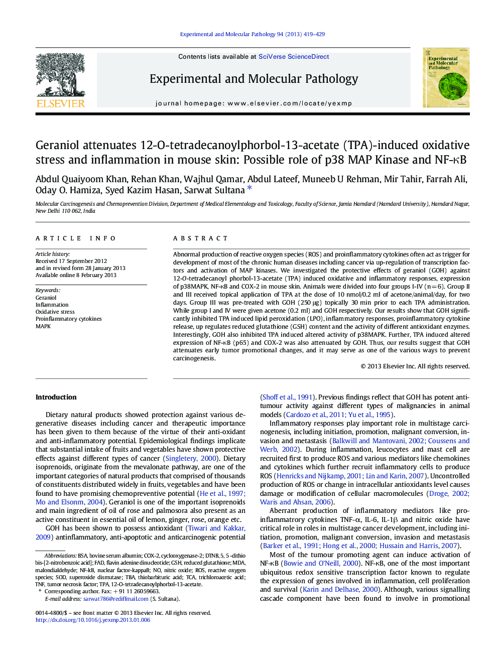 Geraniol attenuates 12-O-tetradecanoylphorbol-13-acetate (TPA)-induced oxidative stress and inflammation in mouse skin: Possible role of p38 MAP Kinase and NF-κB