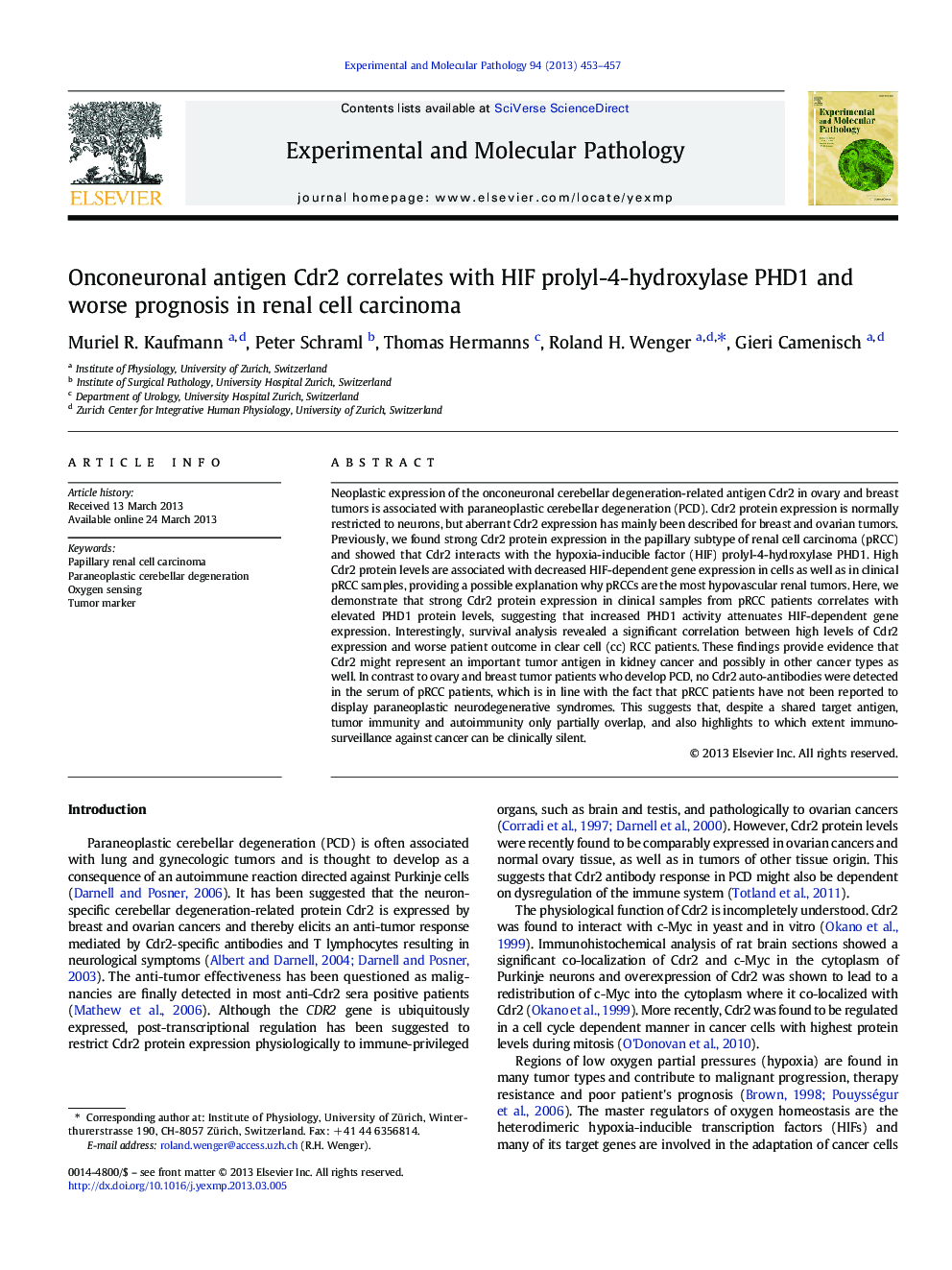 Onconeuronal antigen Cdr2 correlates with HIF prolyl-4-hydroxylase PHD1 and worse prognosis in renal cell carcinoma