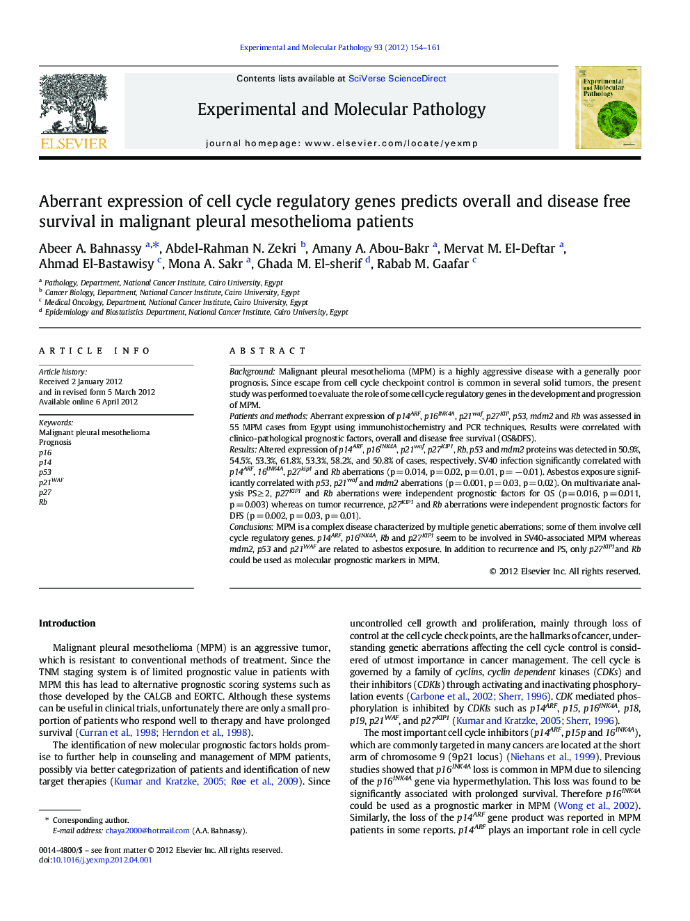 Aberrant expression of cell cycle regulatory genes predicts overall and disease free survival in malignant pleural mesothelioma patients