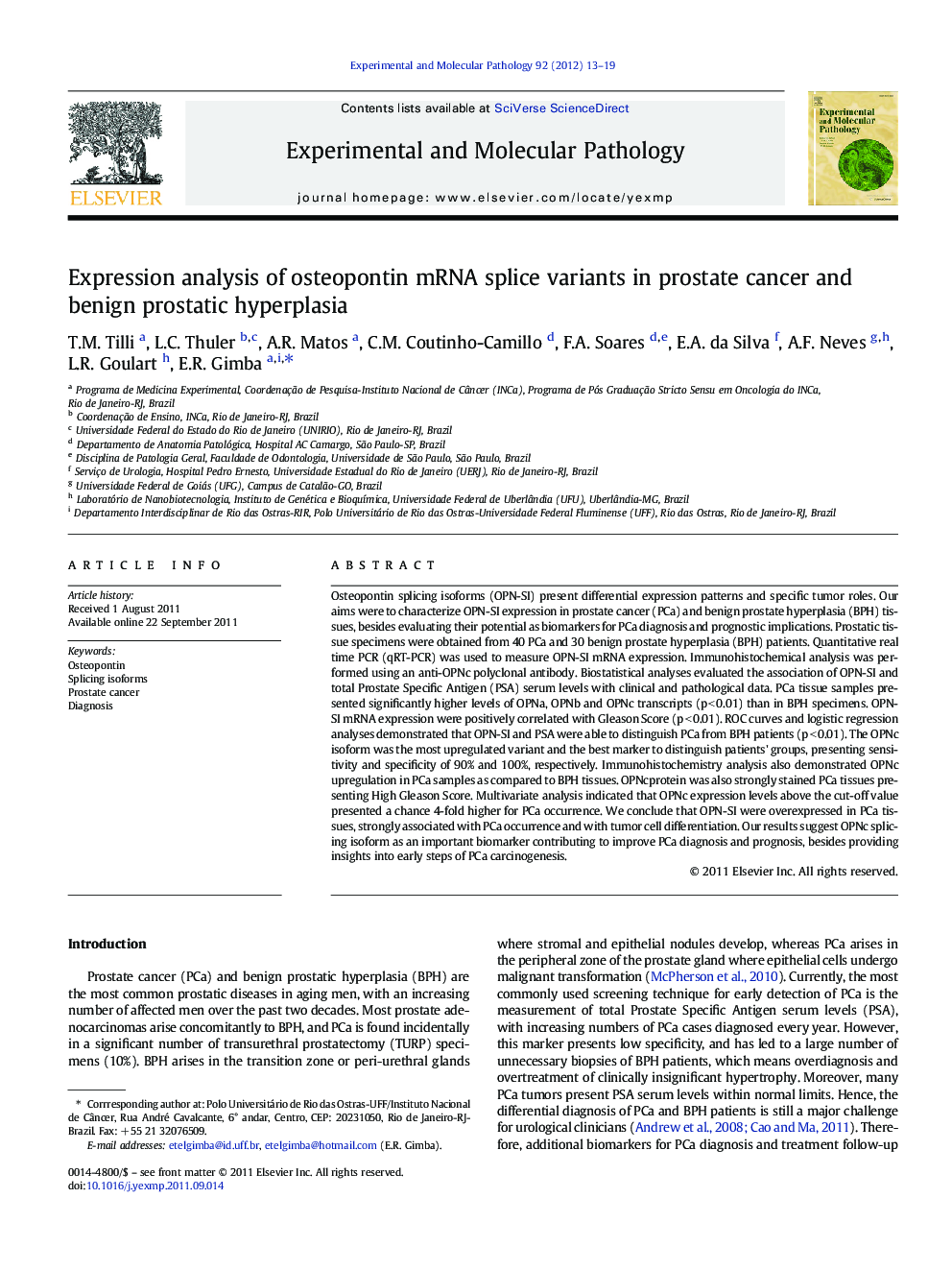 عکس صفحه اول مقاله: Expression analysis of osteopontin mRNA splice variants in prostate cancer and benign prostatic hyperplasia Expression analysis of osteopontin mRNA splice variants in prostate cancer and benign prostatic hyperplasia