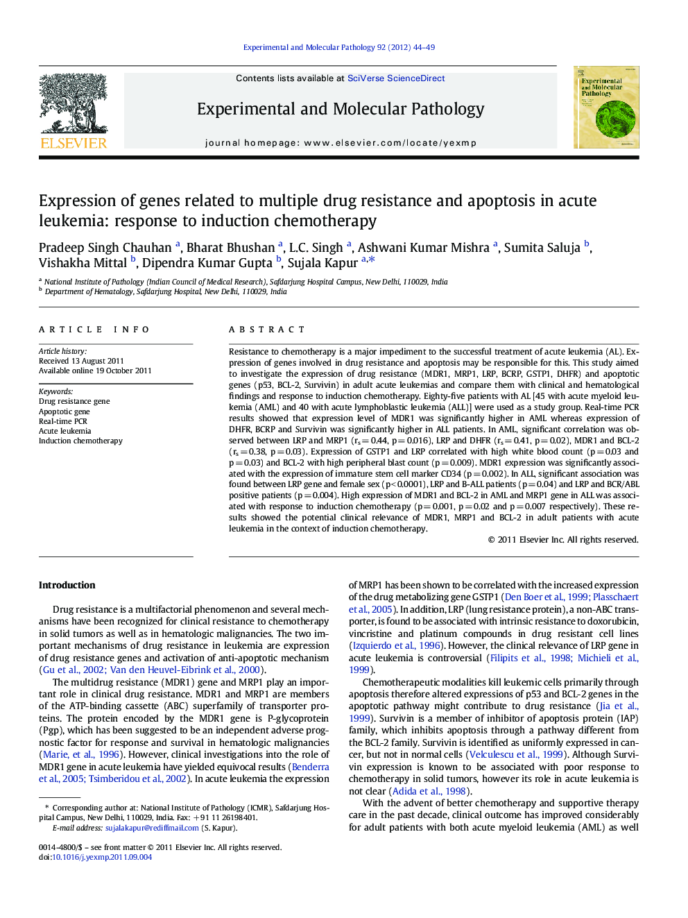 عکس صفحه اول مقاله: Expression of genes related to multiple drug resistance and apoptosis in acute leukemia: response to induction chemotherapy Expression of genes related to multiple drug resistance and apoptosis in acute leukemia: response to induction chemotherapy