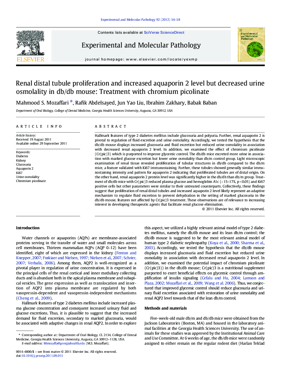 Renal distal tubule proliferation and increased aquaporin 2 level but decreased urine osmolality in db/db mouse: Treatment with chromium picolinate