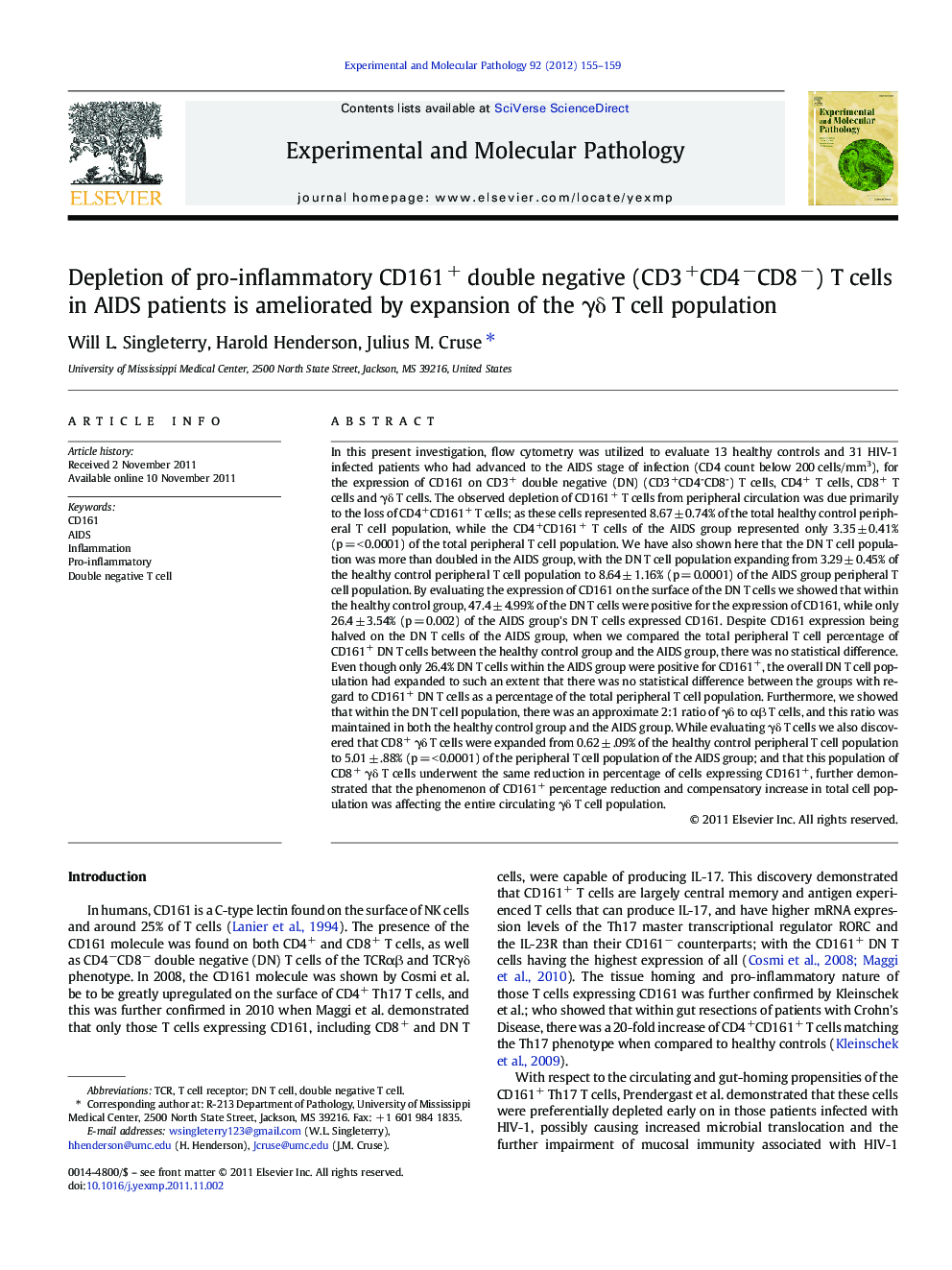 Depletion of pro-inflammatory CD161+ double negative (CD3+CD4−CD8−) T cells in AIDS patients is ameliorated by expansion of the γδ T cell population