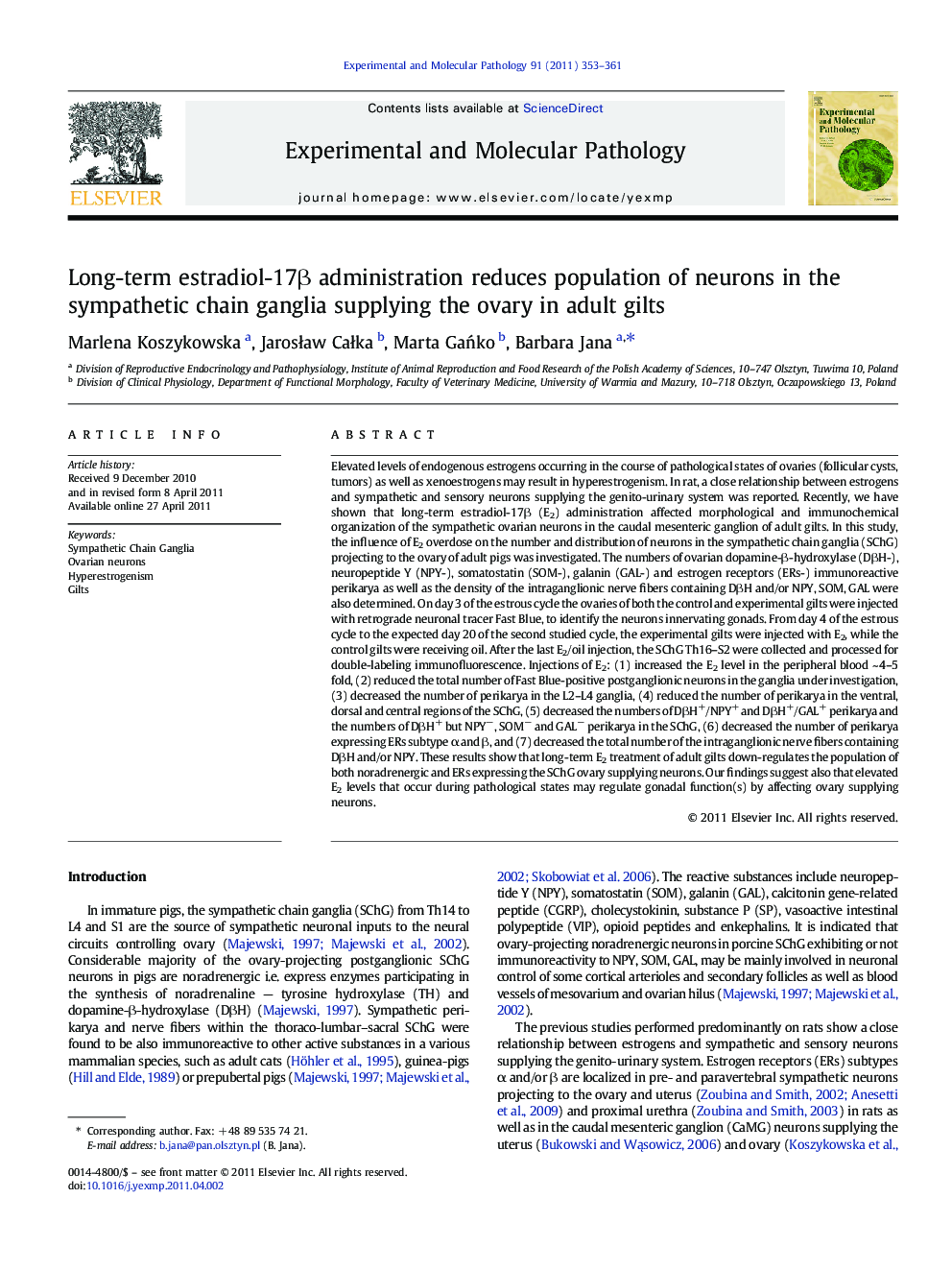 Long-term estradiol-17Î² administration reduces population of neurons in the sympathetic chain ganglia supplying the ovary in adult gilts