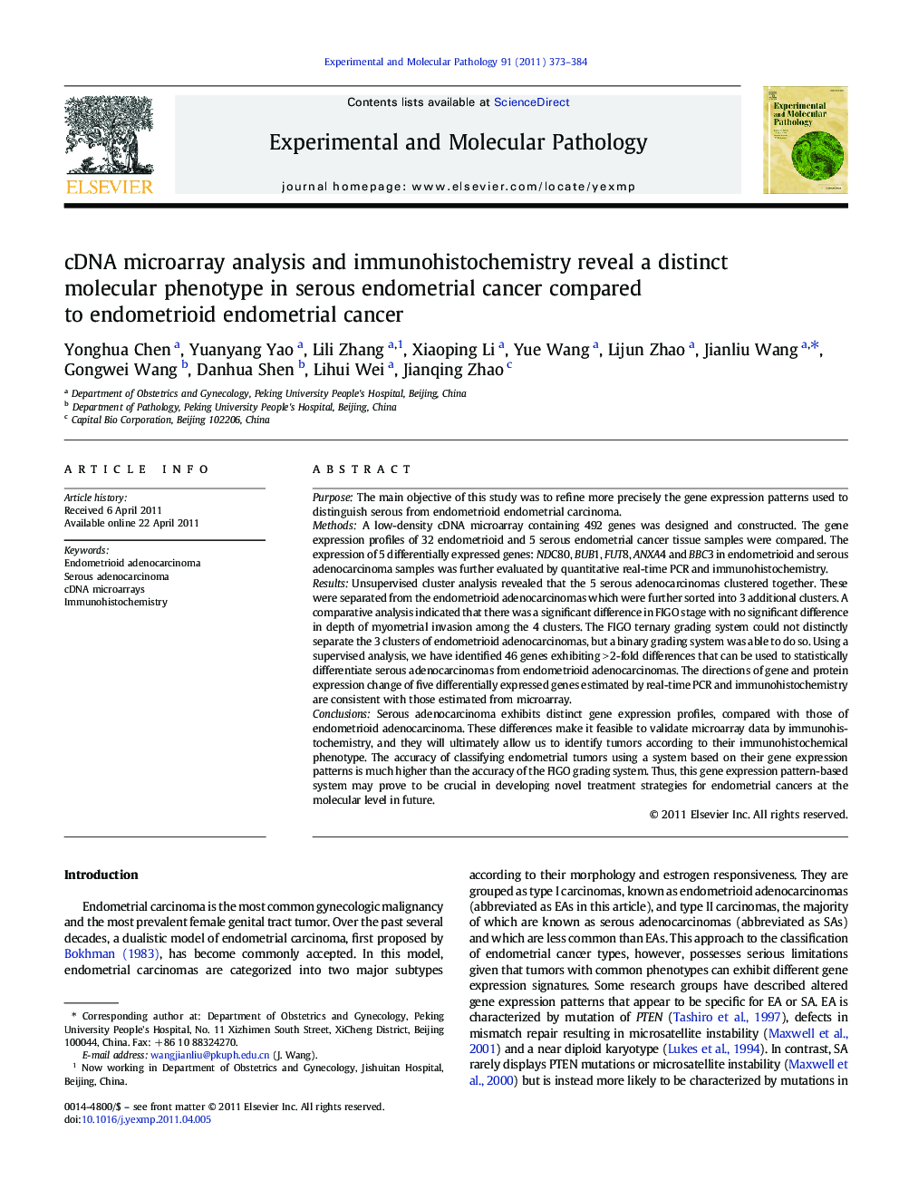 cDNA microarray analysis and immunohistochemistry reveal a distinct molecular phenotype in serous endometrial cancer compared to endometrioid endometrial cancer