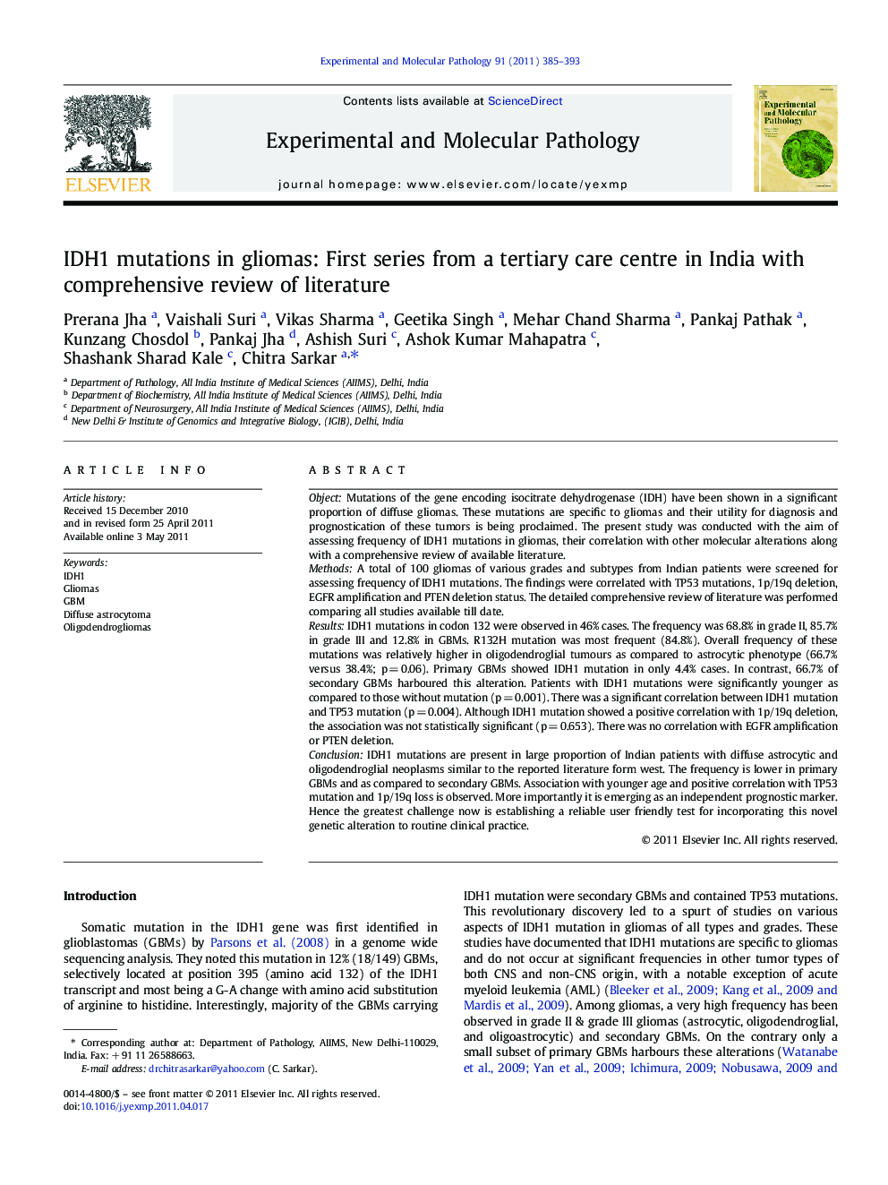 IDH1 mutations in gliomas: First series from a tertiary care centre in India with comprehensive review of literature