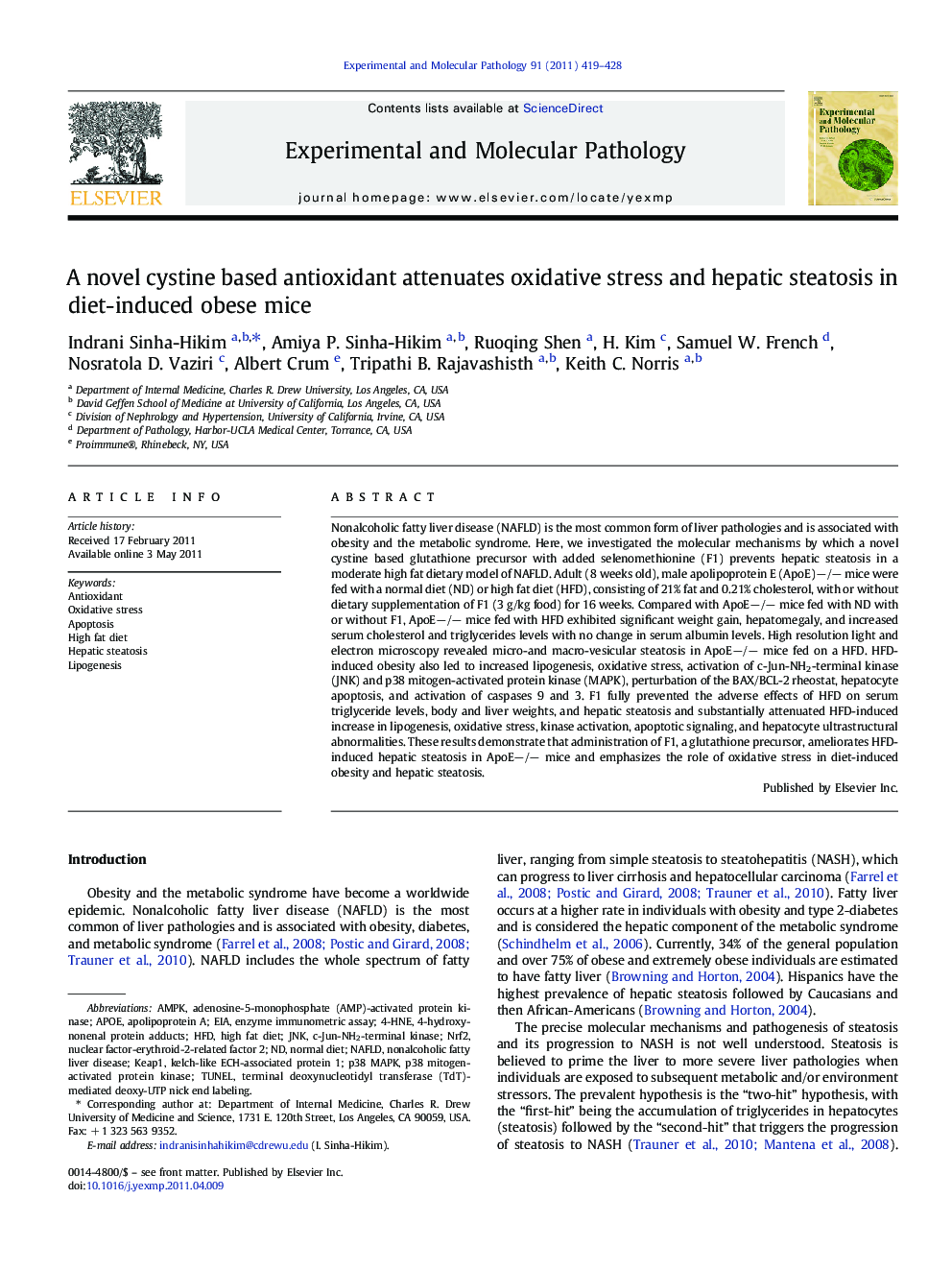 A novel cystine based antioxidant attenuates oxidative stress and hepatic steatosis in diet-induced obese mice