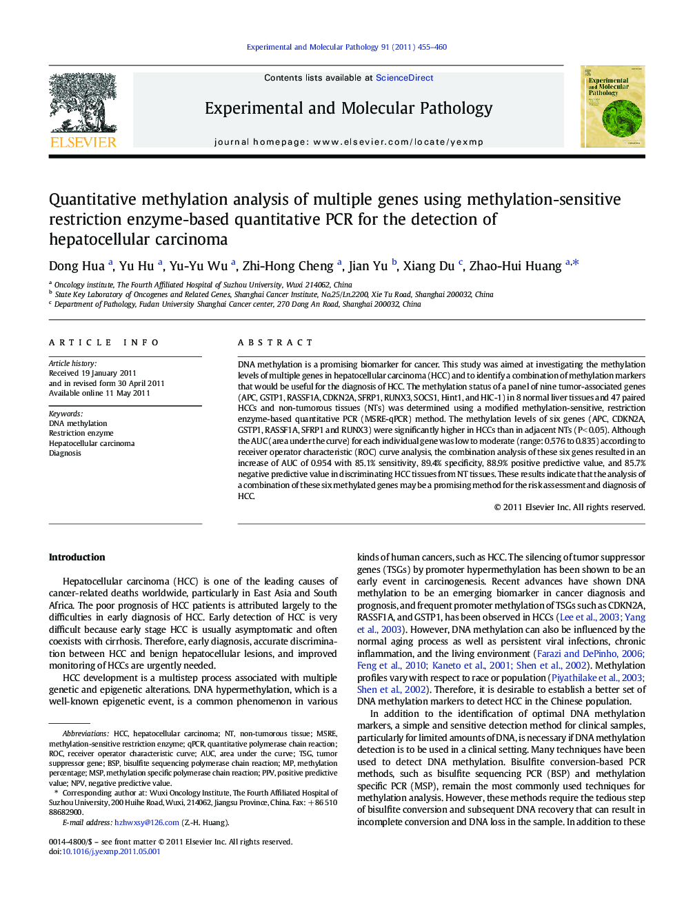 Quantitative methylation analysis of multiple genes using methylation-sensitive restriction enzyme-based quantitative PCR for the detection of hepatocellular carcinoma