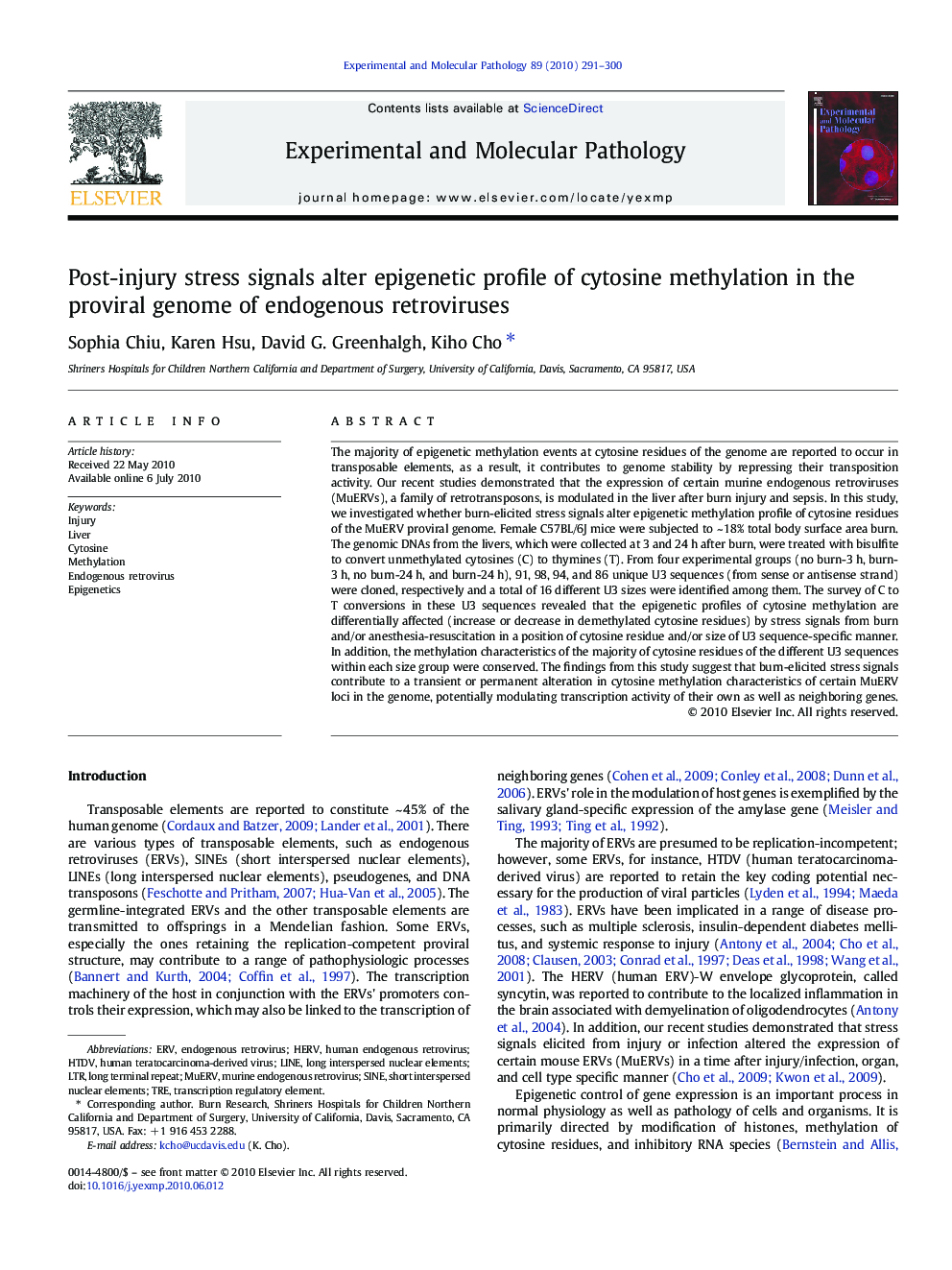 عکس صفحه اول مقاله: Post-injury stress signals alter epigenetic profile of cytosine methylation in the proviral genome of endogenous retroviruses Post-injury stress signals alter epigenetic profile of cytosine methylation in the proviral genome of endogenous retroviruses