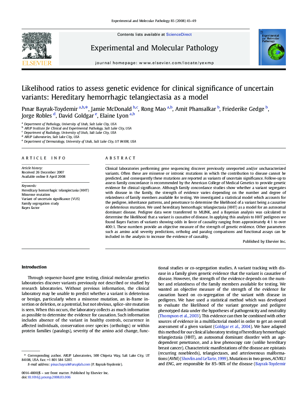 عکس صفحه اول مقاله: Likelihood ratios to assess genetic evidence for clinical significance of uncertain variants: Hereditary hemorrhagic telangiectasia as a model Likelihood ratios to assess genetic evidence for clinical significance of uncertain variants: Hereditary hemorrhagic telangiectasia as a model