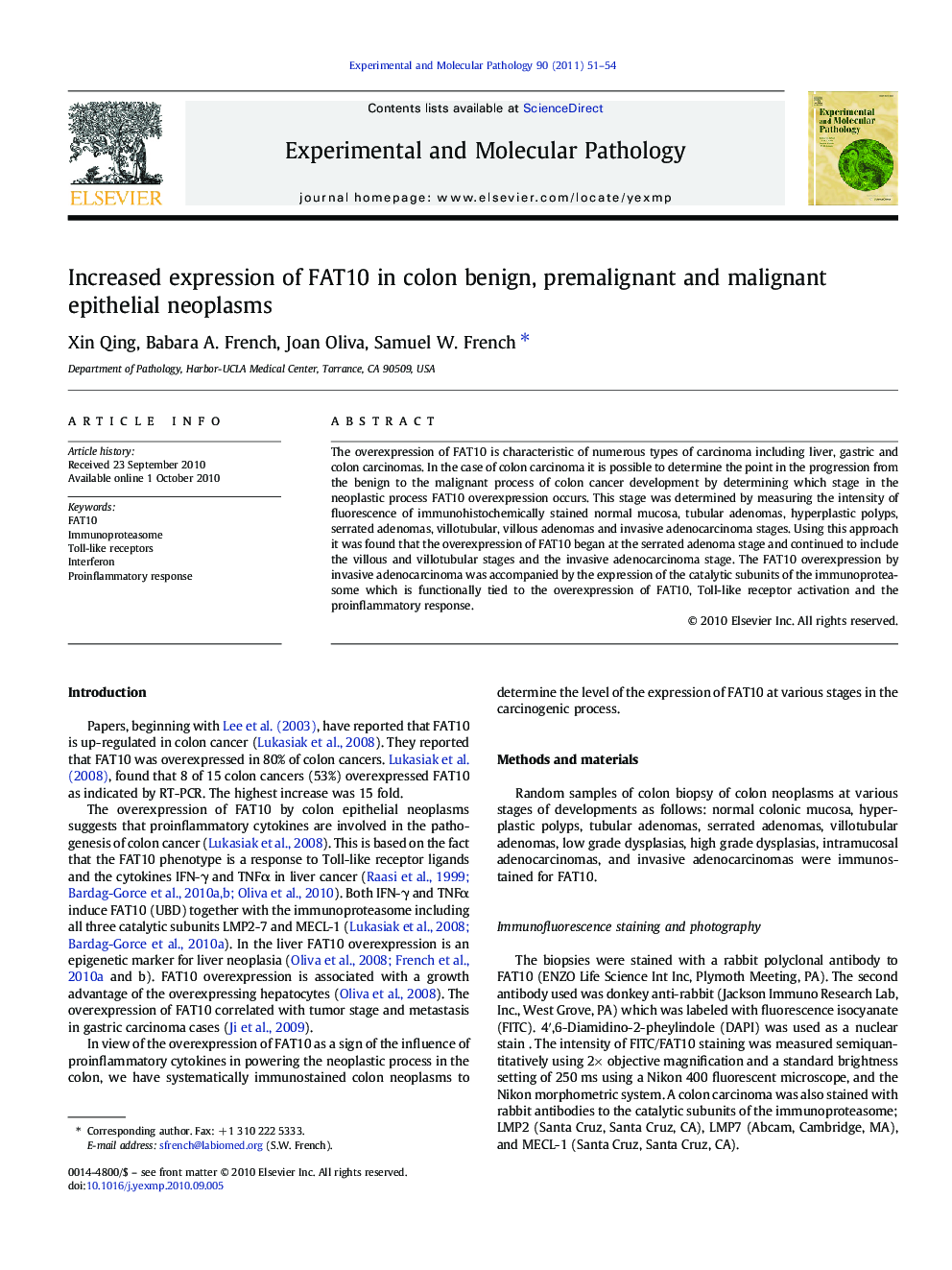 Increased expression of FAT10 in colon benign, premalignant and malignant epithelial neoplasms