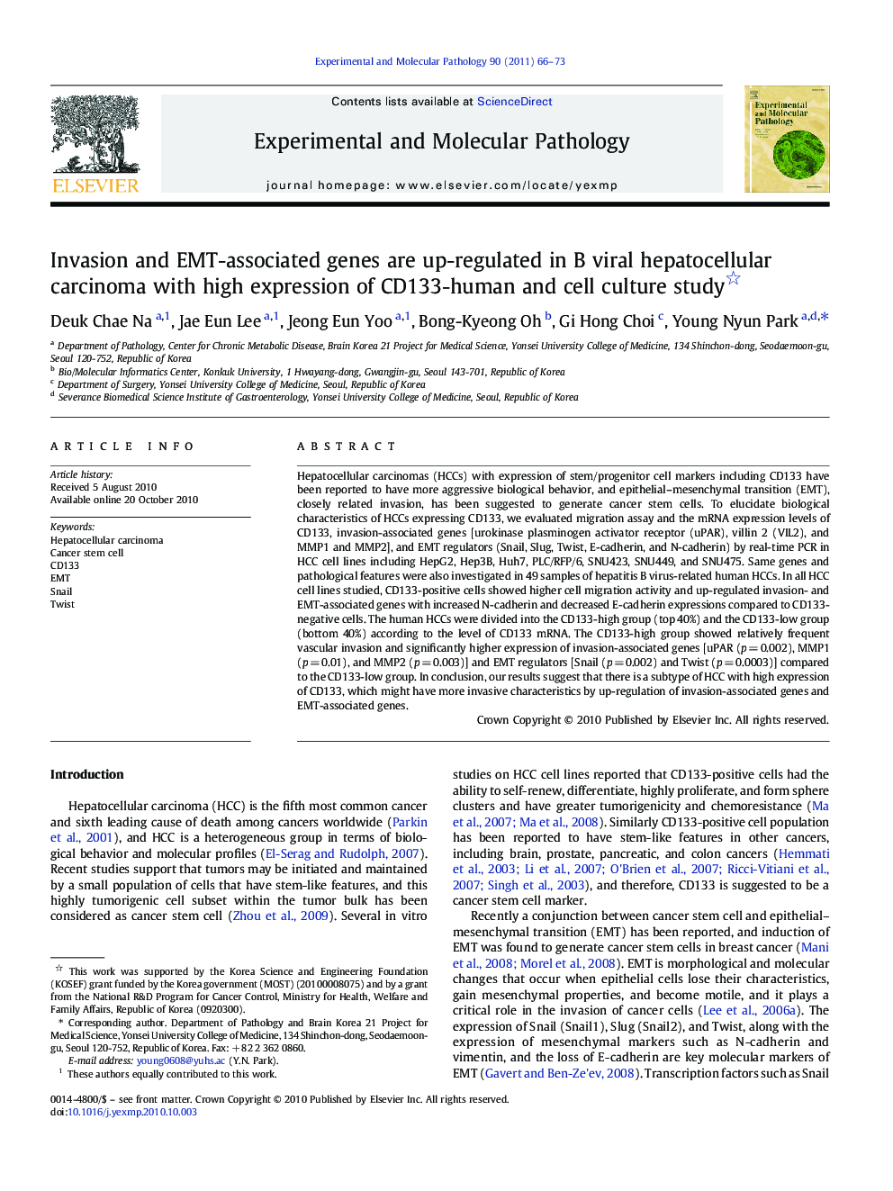 عکس صفحه اول مقاله: Invasion and EMT-associated genes are up-regulated in B viral hepatocellular carcinoma with high expression of CD133-human and cell culture study Invasion and EMT-associated genes are up-regulated in B viral hepatocellular carcinoma with high expression of CD133-human and cell culture study