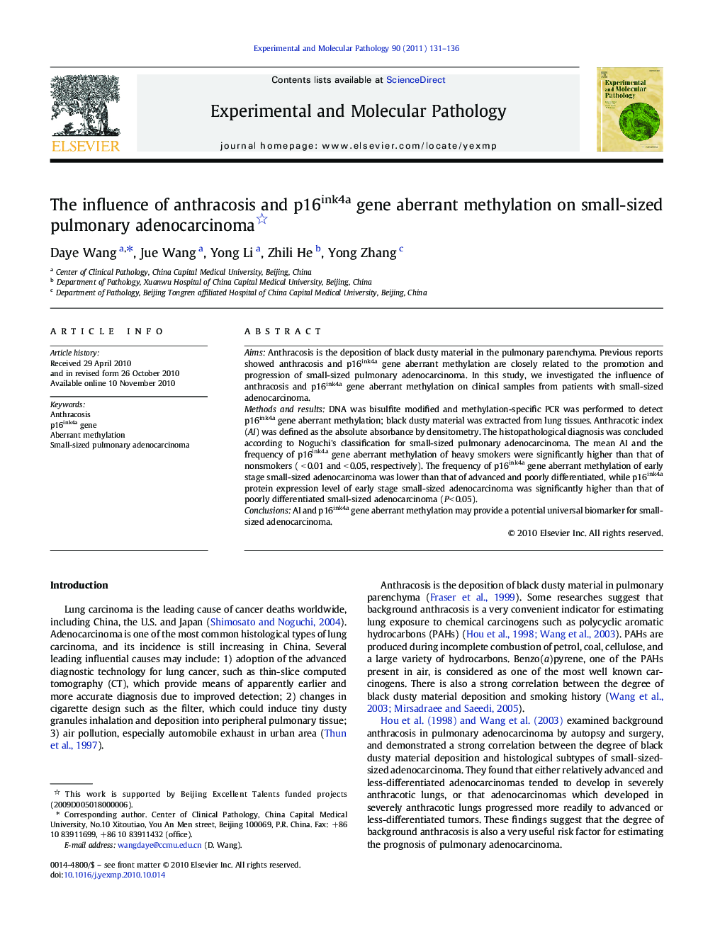 The influence of anthracosis and p16ink4a gene aberrant methylation on small-sized pulmonary adenocarcinoma