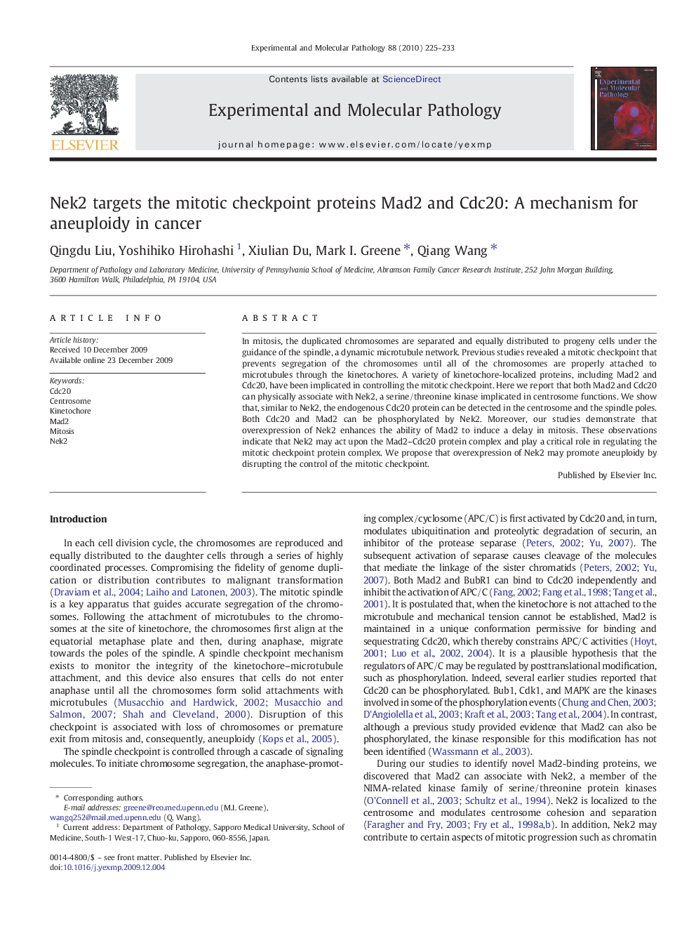 Nek2 targets the mitotic checkpoint proteins Mad2 and Cdc20: A mechanism for aneuploidy in cancer