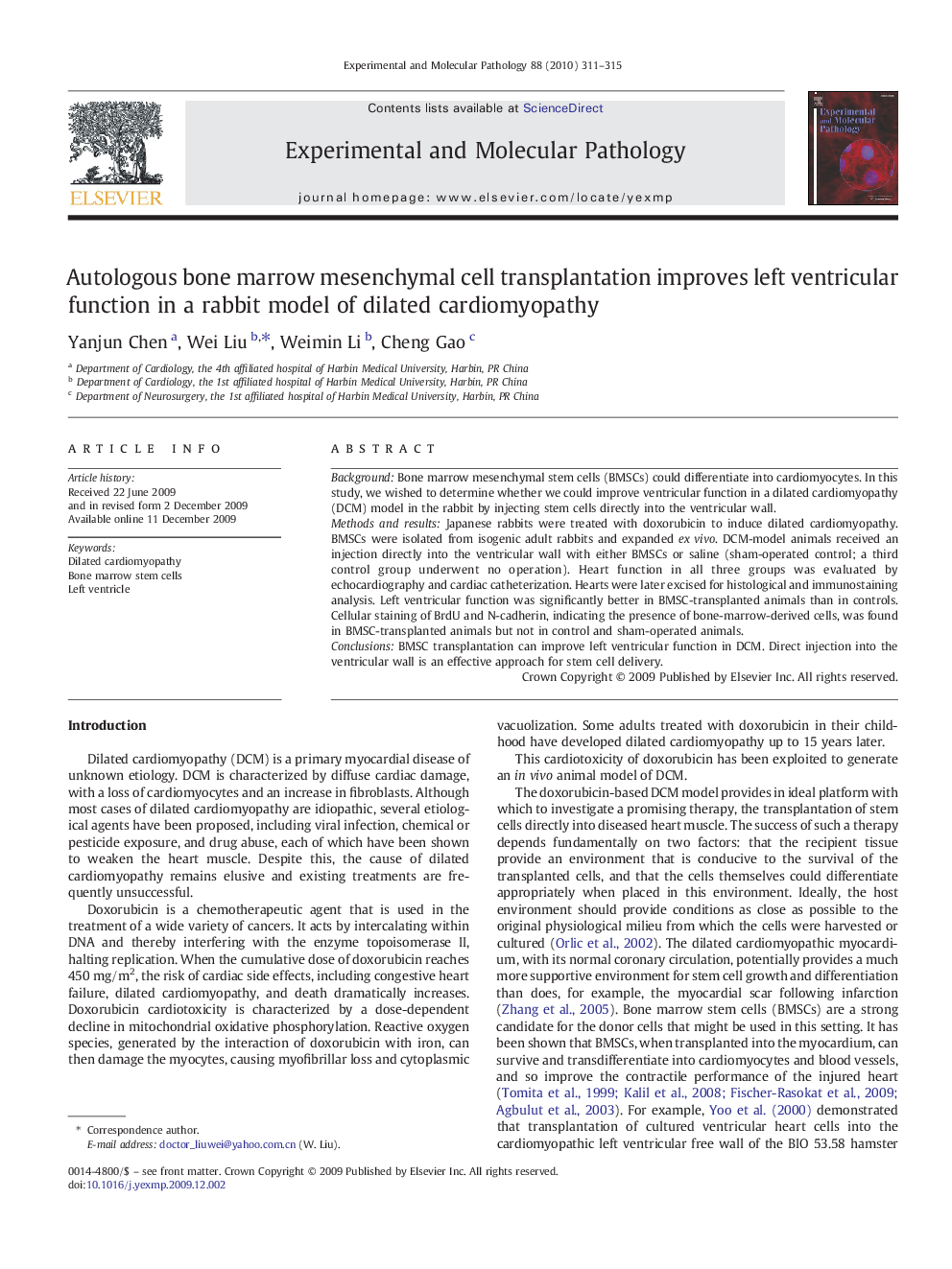 عکس صفحه اول مقاله: Autologous bone marrow mesenchymal cell transplantation improves left ventricular function in a rabbit model of dilated cardiomyopathy Autologous bone marrow mesenchymal cell transplantation improves left ventricular function in a rabbit model of dilated cardiomyopathy