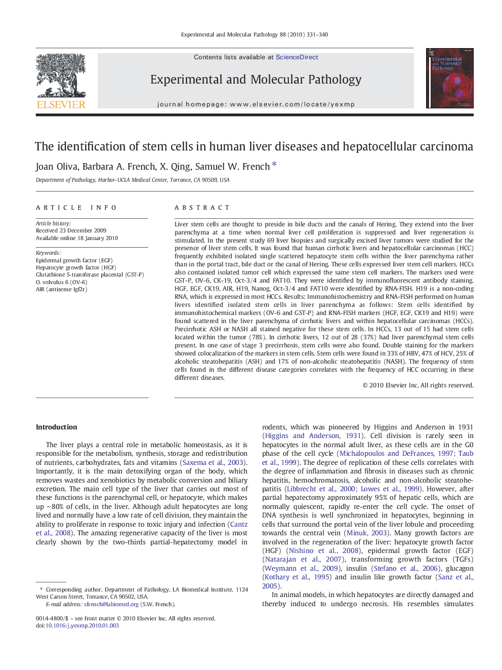 The identification of stem cells in human liver diseases and hepatocellular carcinoma