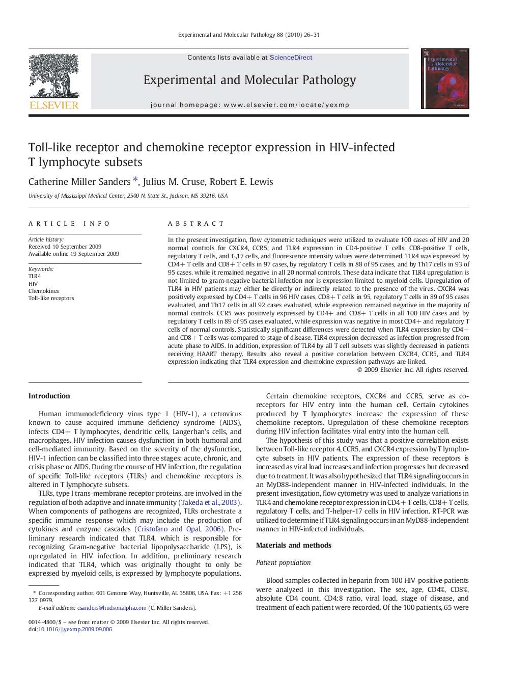 عکس صفحه اول مقاله: Toll-like receptor and chemokine receptor expression in HIV-infected T lymphocyte subsets Toll-like receptor and chemokine receptor expression in HIV-infected T lymphocyte subsets