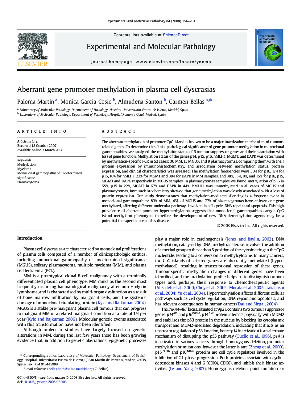 Aberrant gene promoter methylation in plasma cell dyscrasias