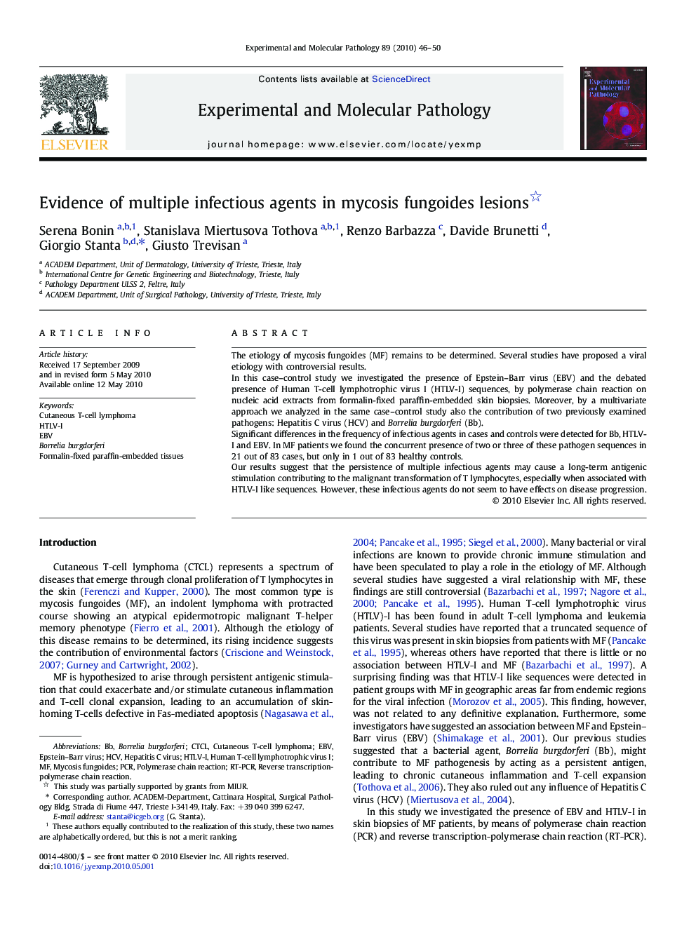 Evidence of multiple infectious agents in mycosis fungoides lesions 