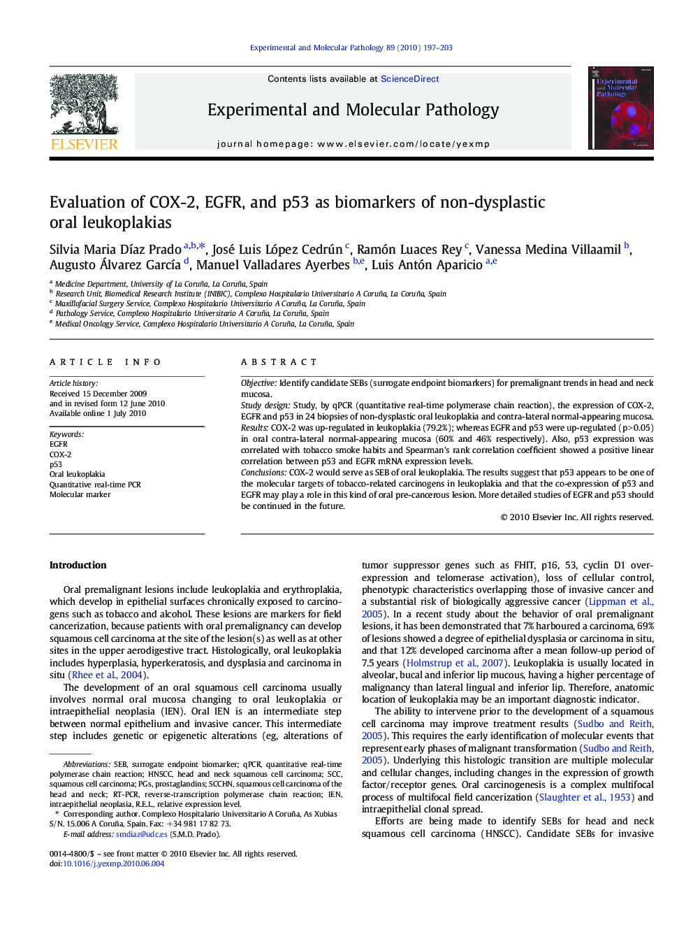 Evaluation of COX-2, EGFR, and p53 as biomarkers of non-dysplastic oral leukoplakias
