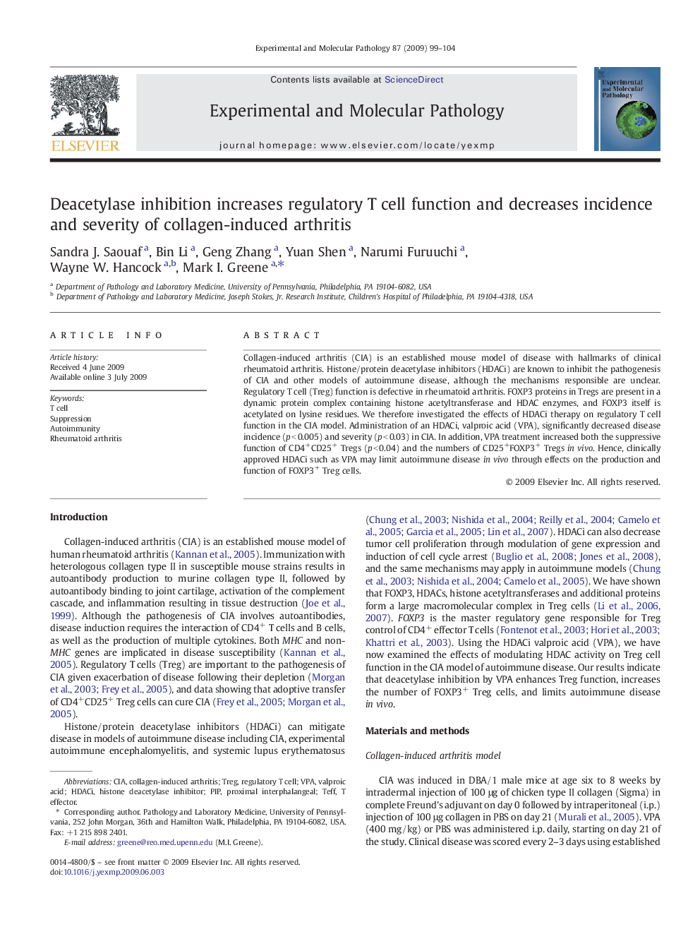 Deacetylase inhibition increases regulatory T cell function and decreases incidence and severity of collagen-induced arthritis