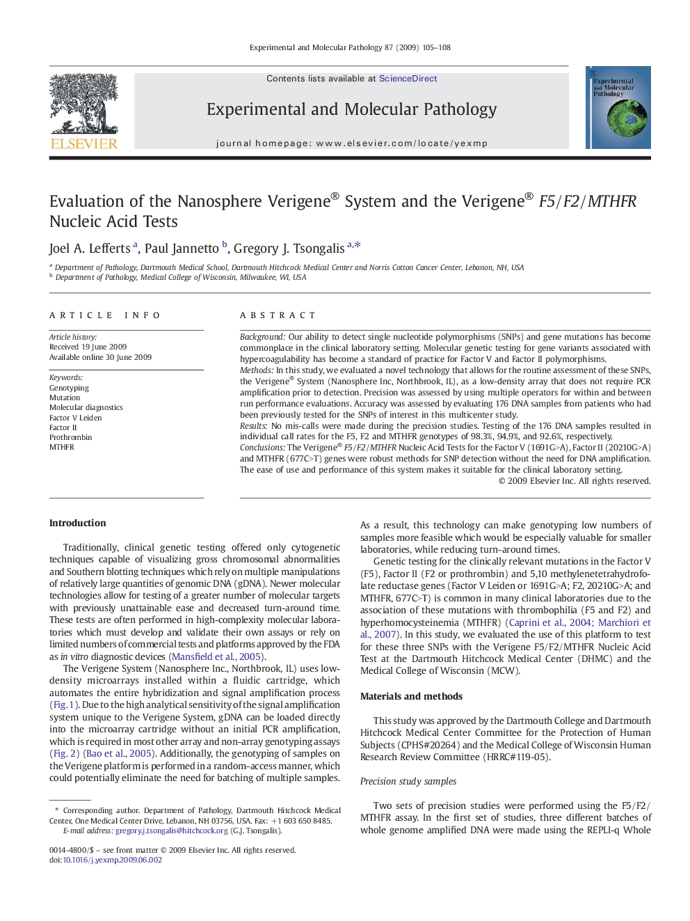 Evaluation of the Nanosphere Verigene® System and the Verigene®F5/F2/MTHFR Nucleic Acid Tests