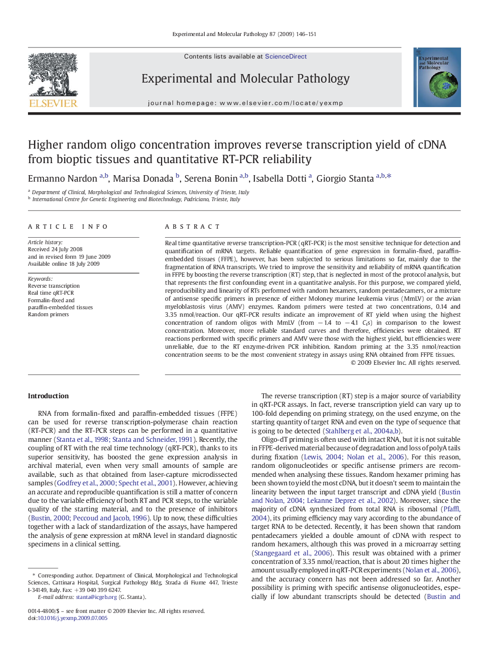 Higher random oligo concentration improves reverse transcription yield of cDNA from bioptic tissues and quantitative RT-PCR reliability