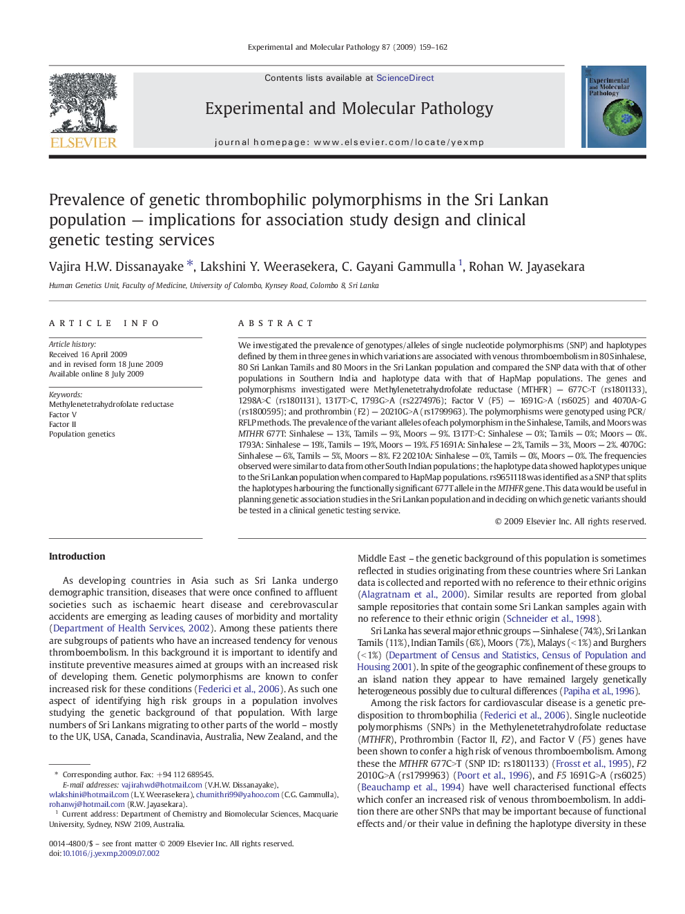 Prevalence of genetic thrombophilic polymorphisms in the Sri Lankan population — implications for association study design and clinical genetic testing services