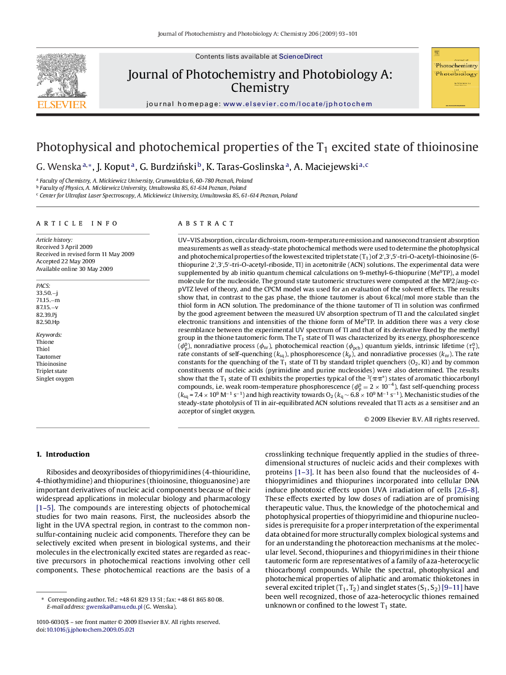 Photophysical and photochemical properties of the T1 excited state of thioinosine