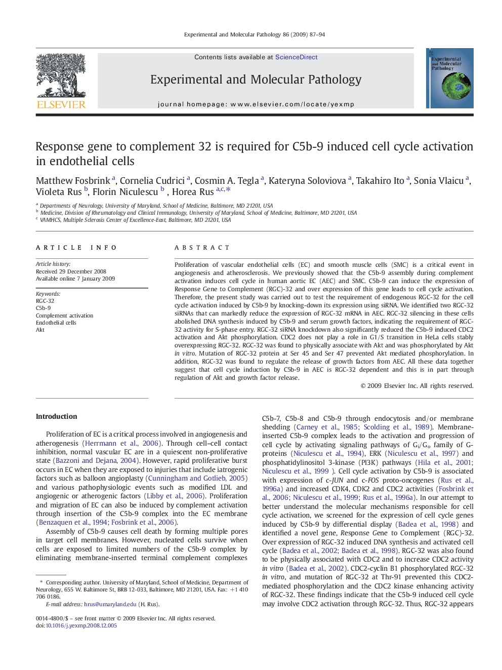 Response gene to complement 32 is required for C5b-9 induced cell cycle activation in endothelial cells