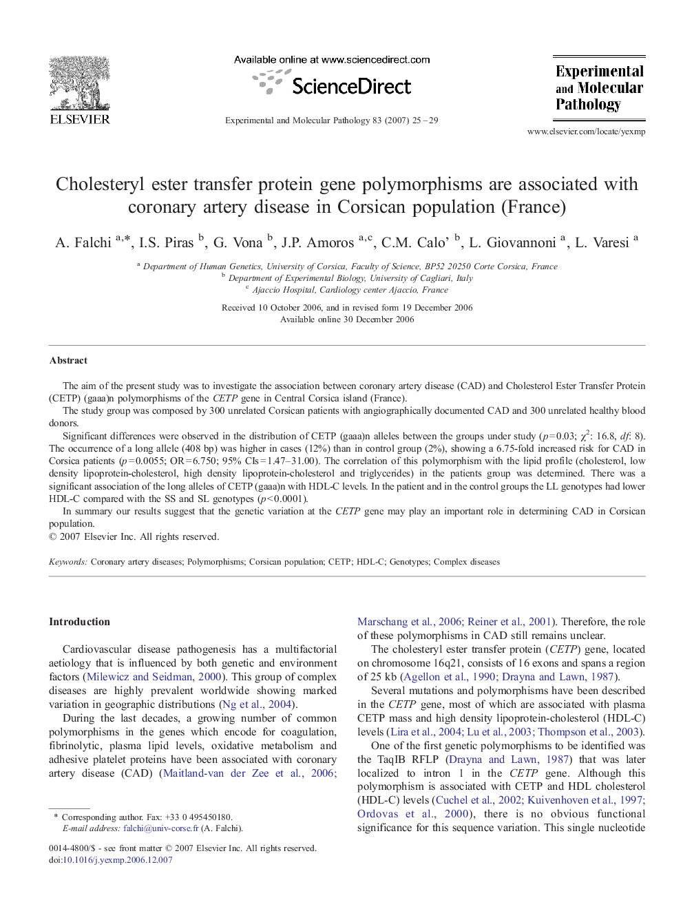 Cholesteryl ester transfer protein gene polymorphisms are associated with coronary artery disease in Corsican population (France)