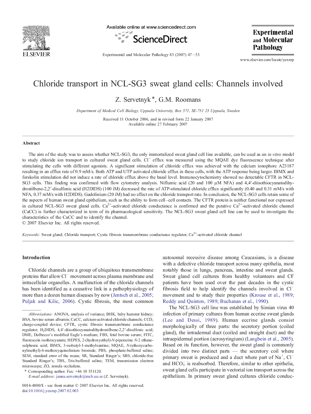 Chloride transport in NCL-SG3 sweat gland cells: Channels involved