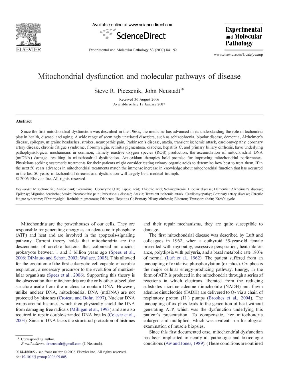 Mitochondrial dysfunction and molecular pathways of disease