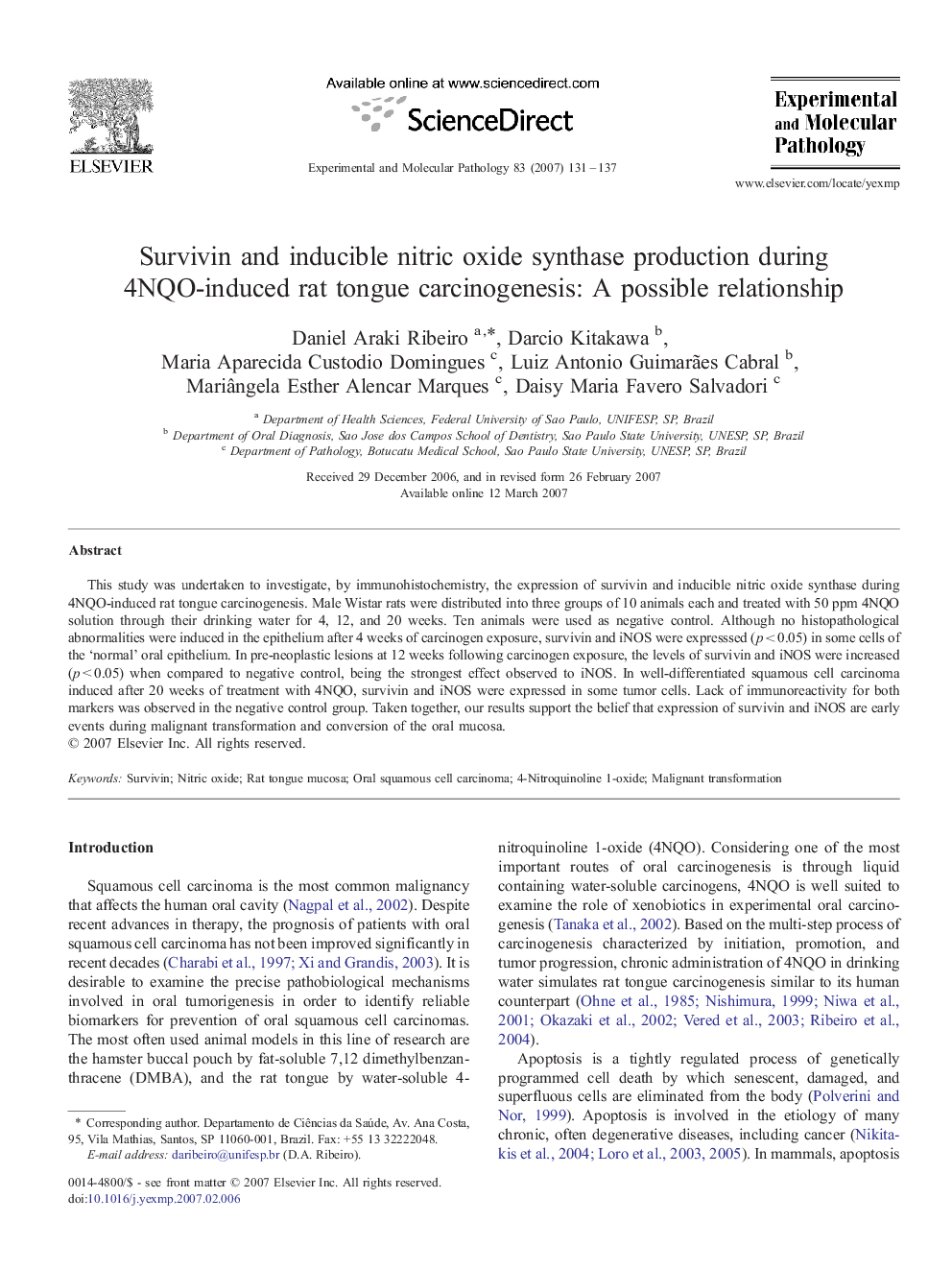 Survivin and inducible nitric oxide synthase production during 4NQO-induced rat tongue carcinogenesis: A possible relationship