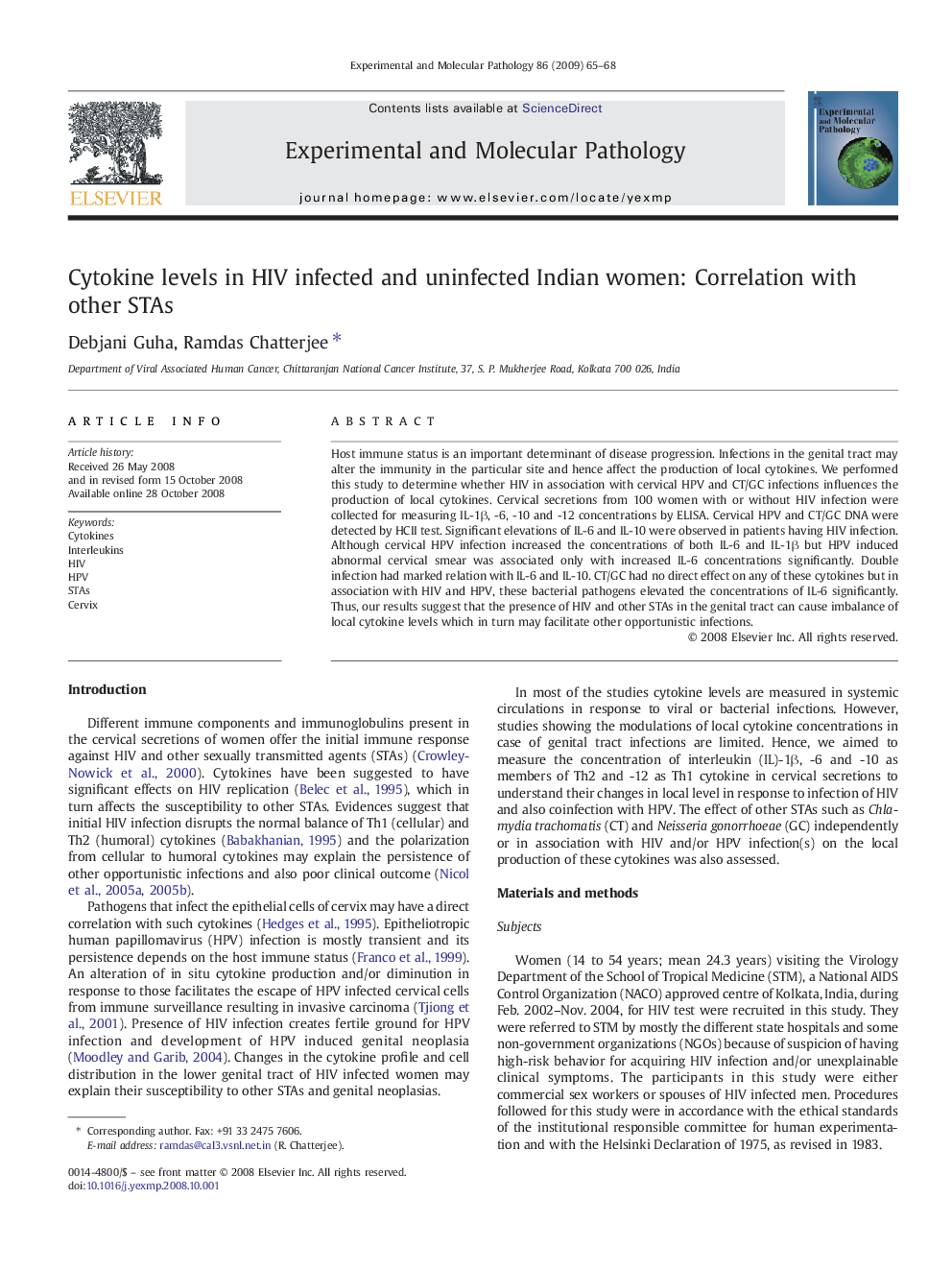 Cytokine levels in HIV infected and uninfected Indian women: Correlation with other STAs