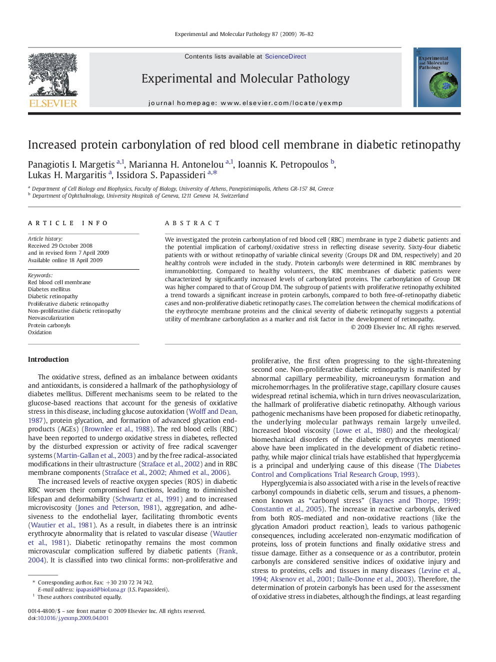 Increased protein carbonylation of red blood cell membrane in diabetic retinopathy