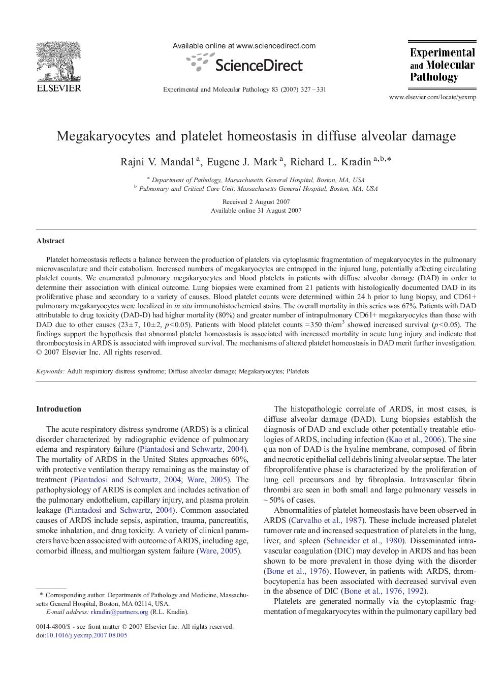 Megakaryocytes and platelet homeostasis in diffuse alveolar damage