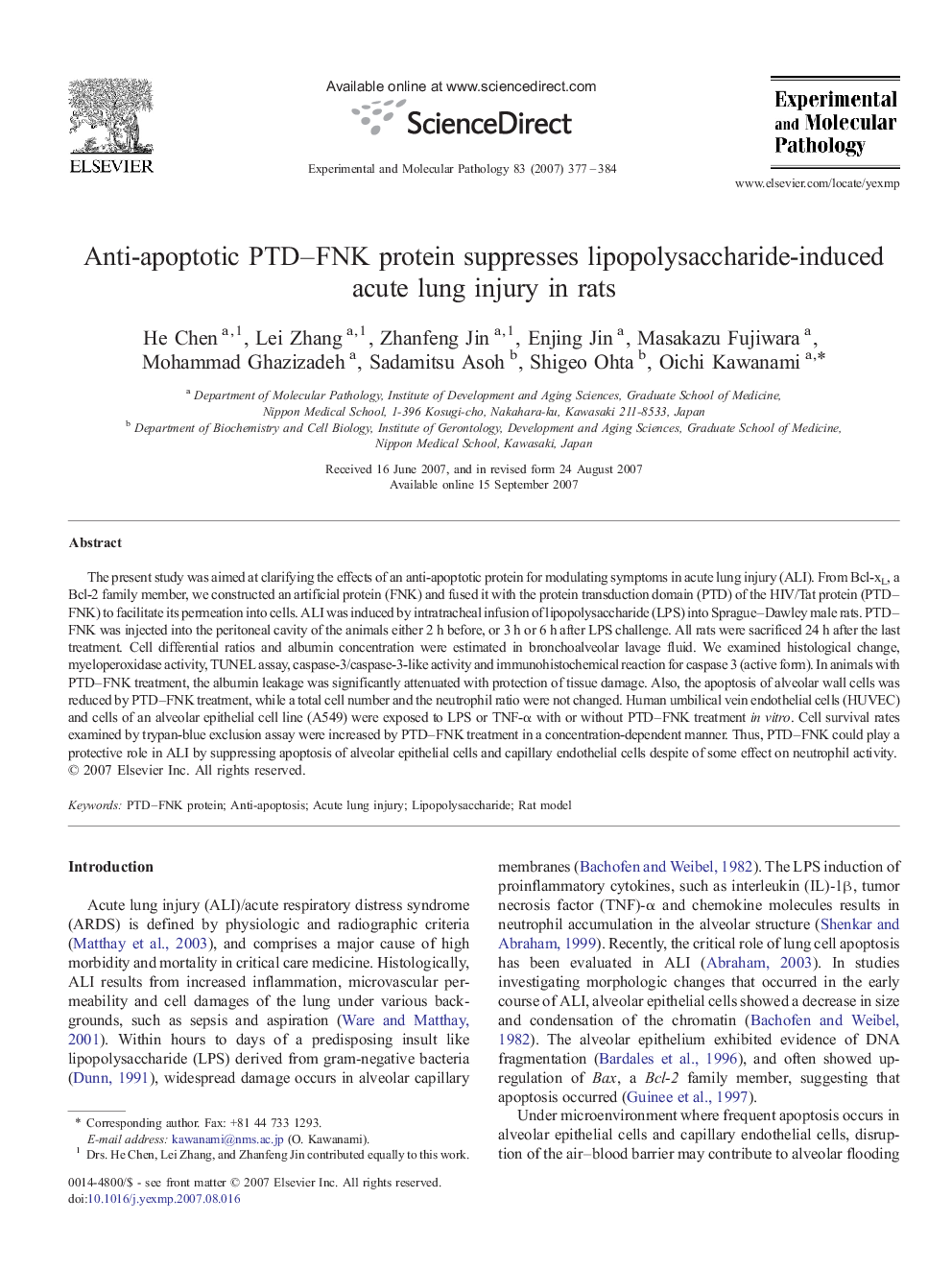 Anti-apoptotic PTD–FNK protein suppresses lipopolysaccharide-induced acute lung injury in rats