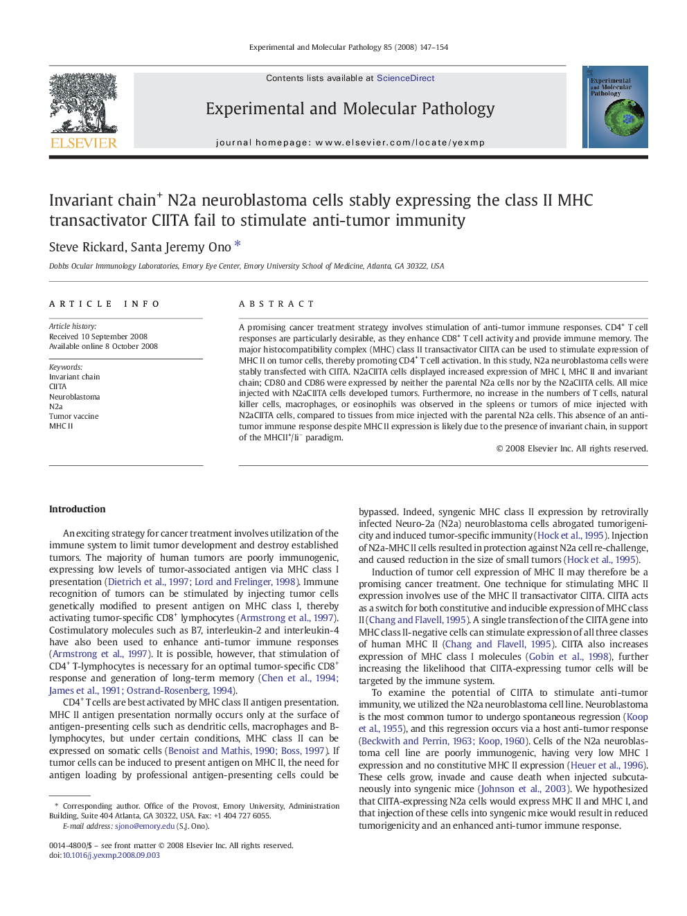 Invariant chain+ N2a neuroblastoma cells stably expressing the class II MHC transactivator CIITA fail to stimulate anti-tumor immunity