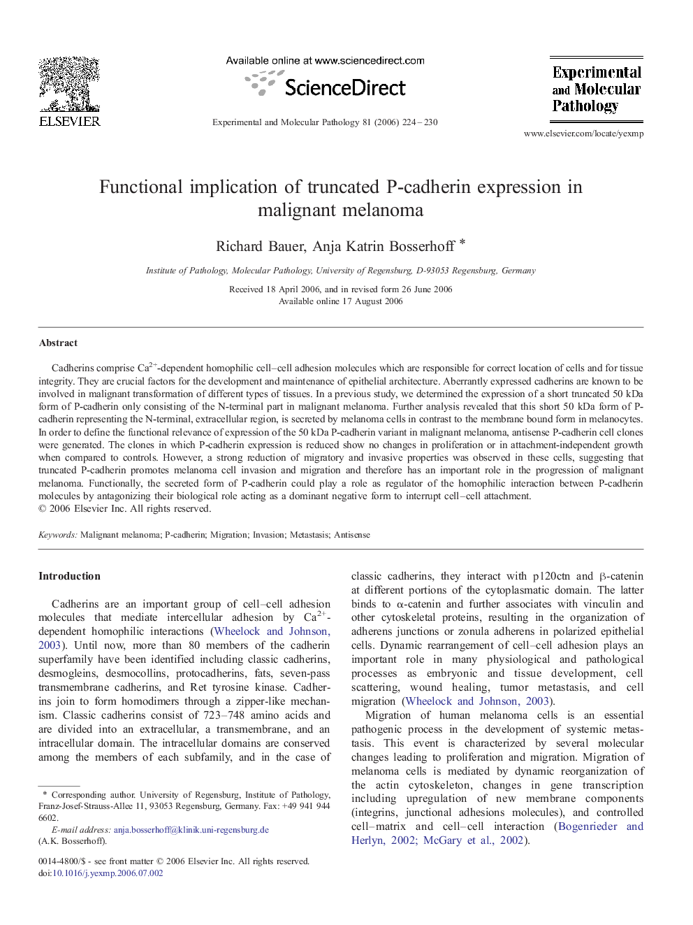 Functional implication of truncated P-cadherin expression in malignant melanoma