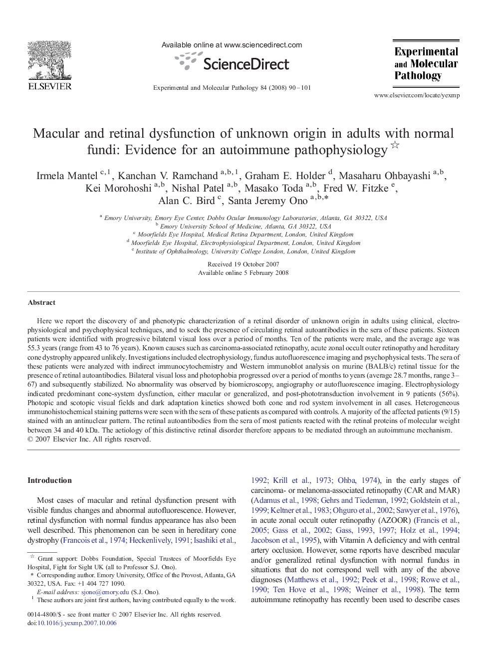 عکس صفحه اول مقاله: Macular and retinal dysfunction of unknown origin in adults with normal fundi: Evidence for an autoimmune pathophysiology Macular and retinal dysfunction of unknown origin in adults with normal fundi: Evidence for an autoimmune pathophysiology