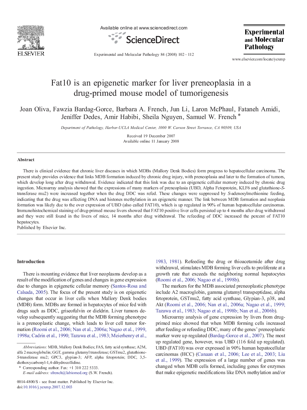 عکس صفحه اول مقاله: Fat10 is an epigenetic marker for liver preneoplasia in a drug-primed mouse model of tumorigenesis Fat10 is an epigenetic marker for liver preneoplasia in a drug-primed mouse model of tumorigenesis