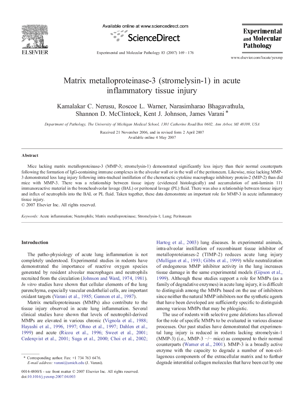 Matrix metalloproteinase-3 (stromelysin-1) in acute inflammatory tissue injury