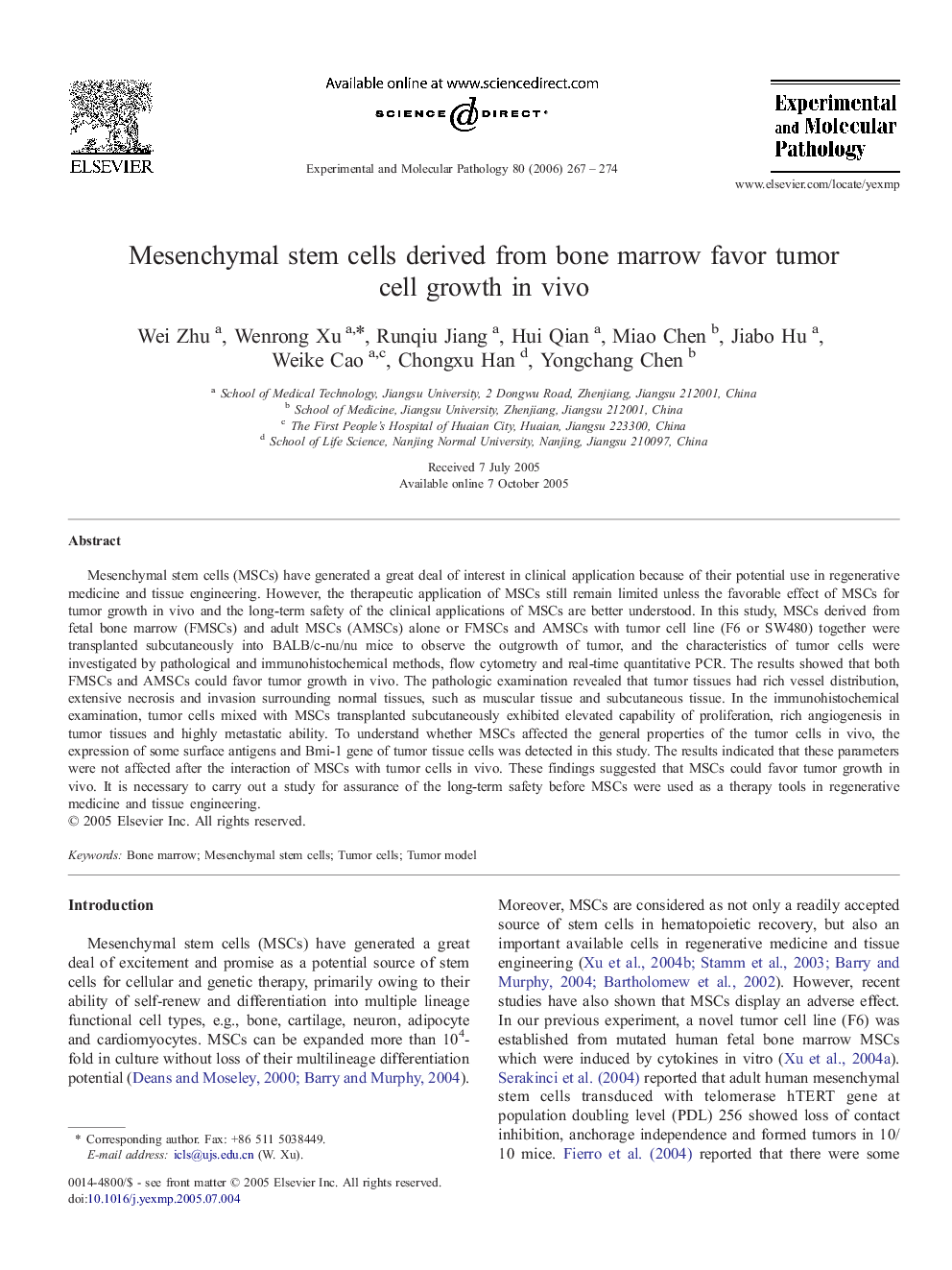 Mesenchymal stem cells derived from bone marrow favor tumor cell growth in vivo