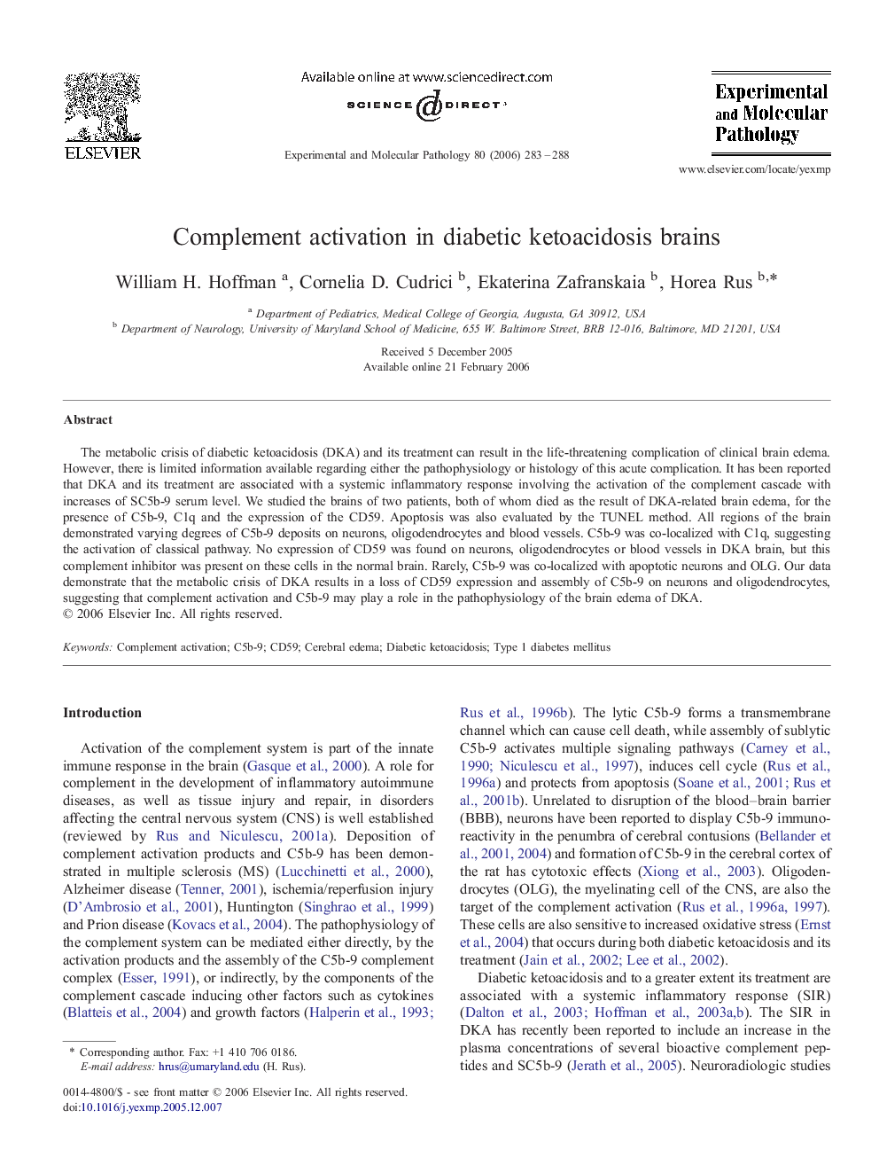 Complement activation in diabetic ketoacidosis brains