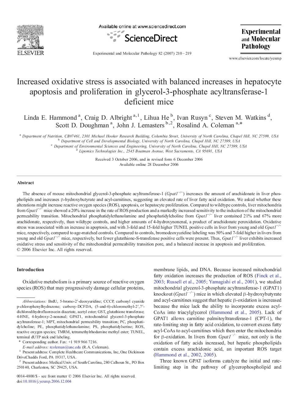 Increased oxidative stress is associated with balanced increases in hepatocyte apoptosis and proliferation in glycerol-3-phosphate acyltransferase-1 deficient mice