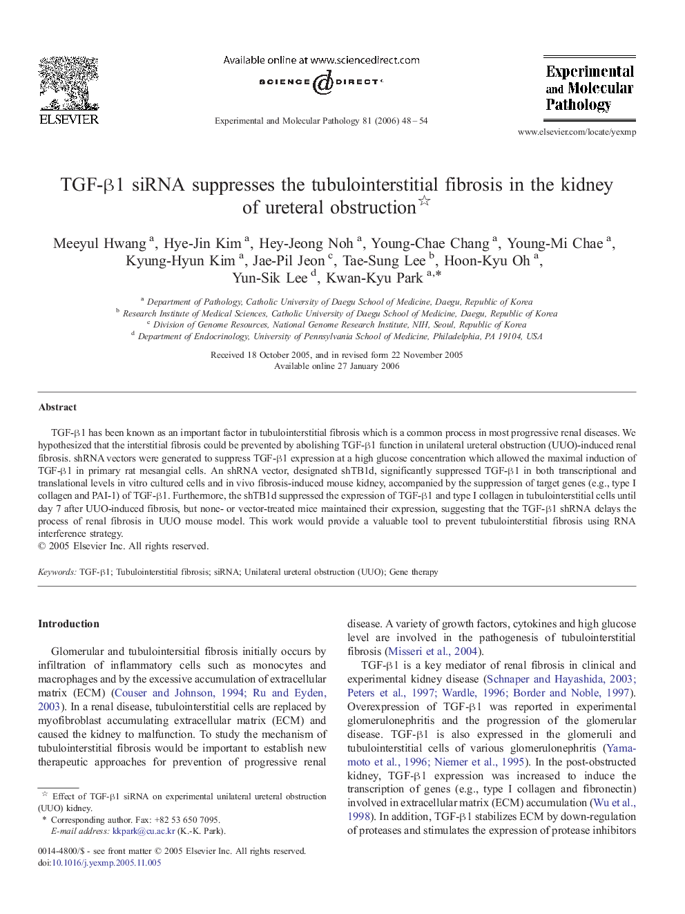 TGF-β1 siRNA suppresses the tubulointerstitial fibrosis in the kidney of ureteral obstruction 